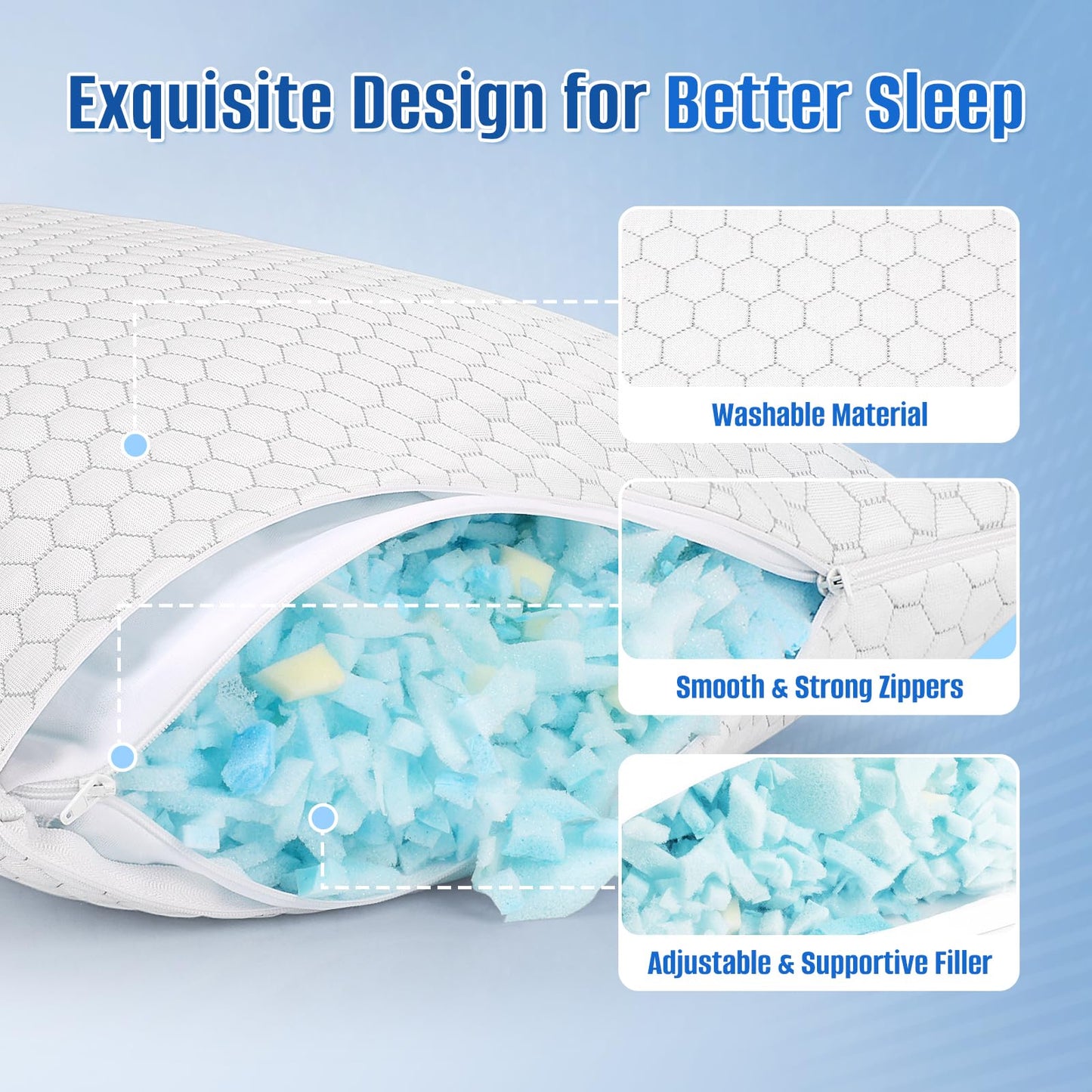 CushyOasis Shredded Memory Foam Pillow for Sleeping, Cooling Bed Pillows Set of 2, Adjustable Pillows for Side, Back, Stomach Sleepers with Washable Pillowcase (Queen Size, Grey) - Medaid International