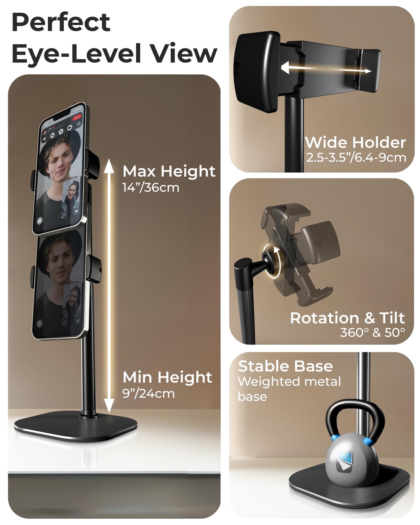 COOPER ChatStand, Adjustable Cell Phone Stand for Desk, Phone Stand for Recording, iPhone Holder for Filming, Small Tripod for iPhone, Fits Samsung, Android Smartphones - Night Black - Medaid International