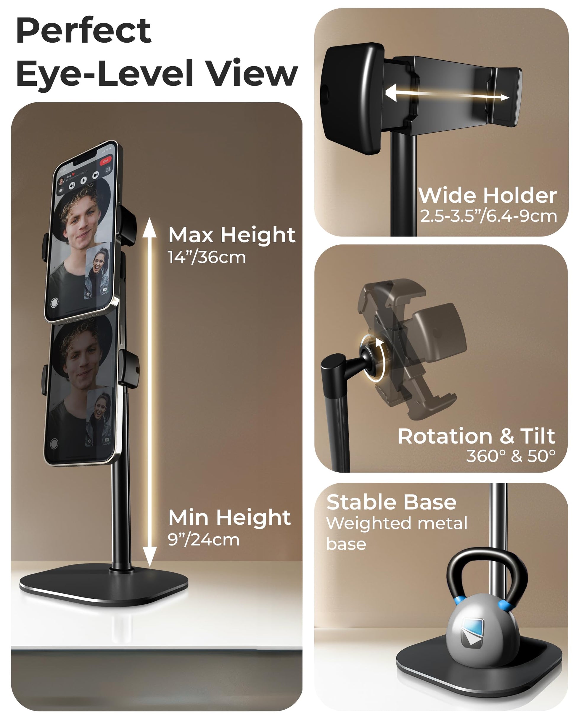 COOPER ChatStand, Adjustable Cell Phone Stand for Desk, Phone Stand for Recording, iPhone Holder for Filming, Small Tripod for iPhone, Fits Samsung, Android Smartphones - Night Black - Medaid International