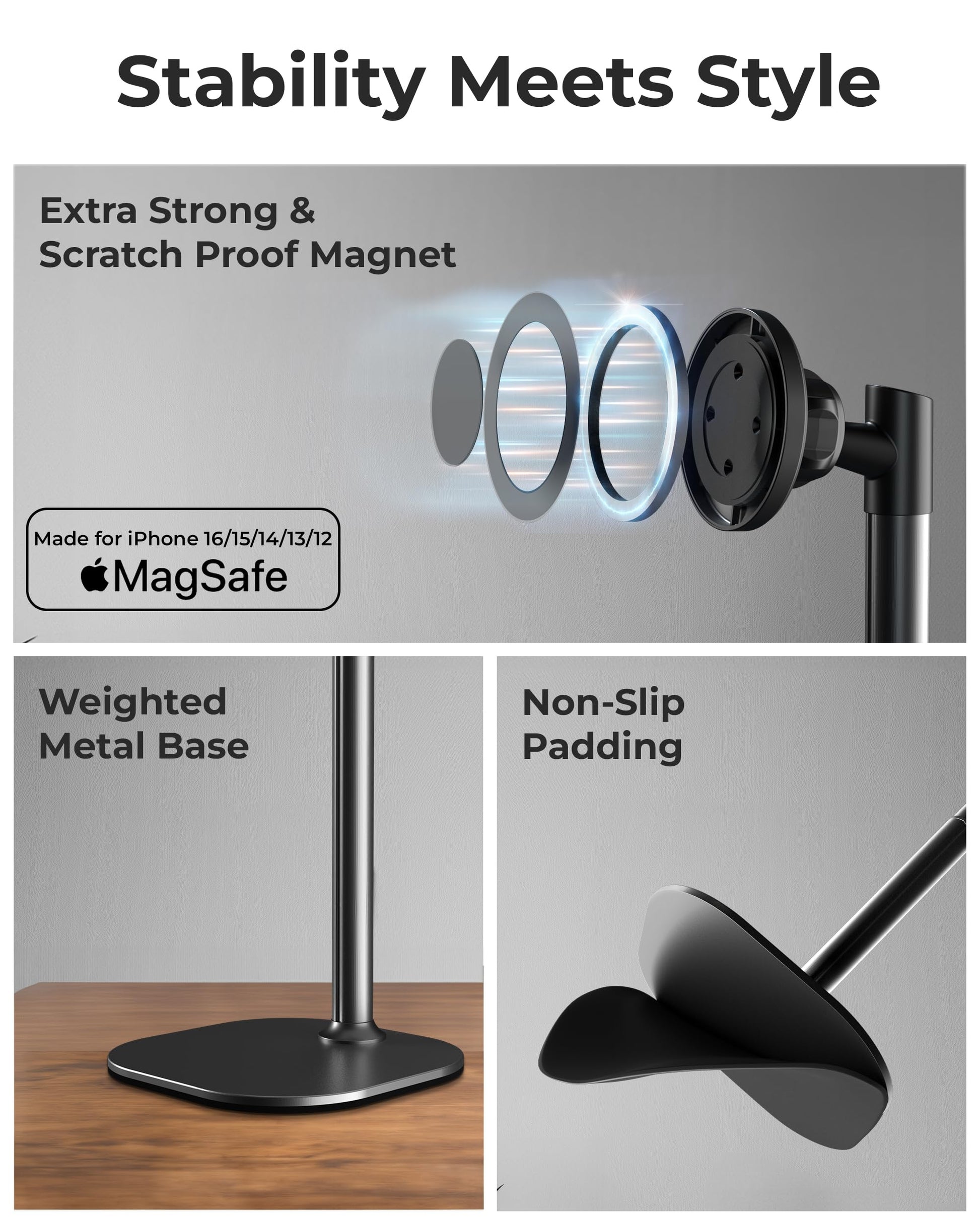 COOPER MagStand - Adjustable Magnetic iPhone Stand for Desk & Phone Holder for Video Recording, Compatible with MagSafe, Stand for iPhone 17 Pro Max, 16/15/14/13/12, Small Mag Safe Tripod (Black) - Medaid International