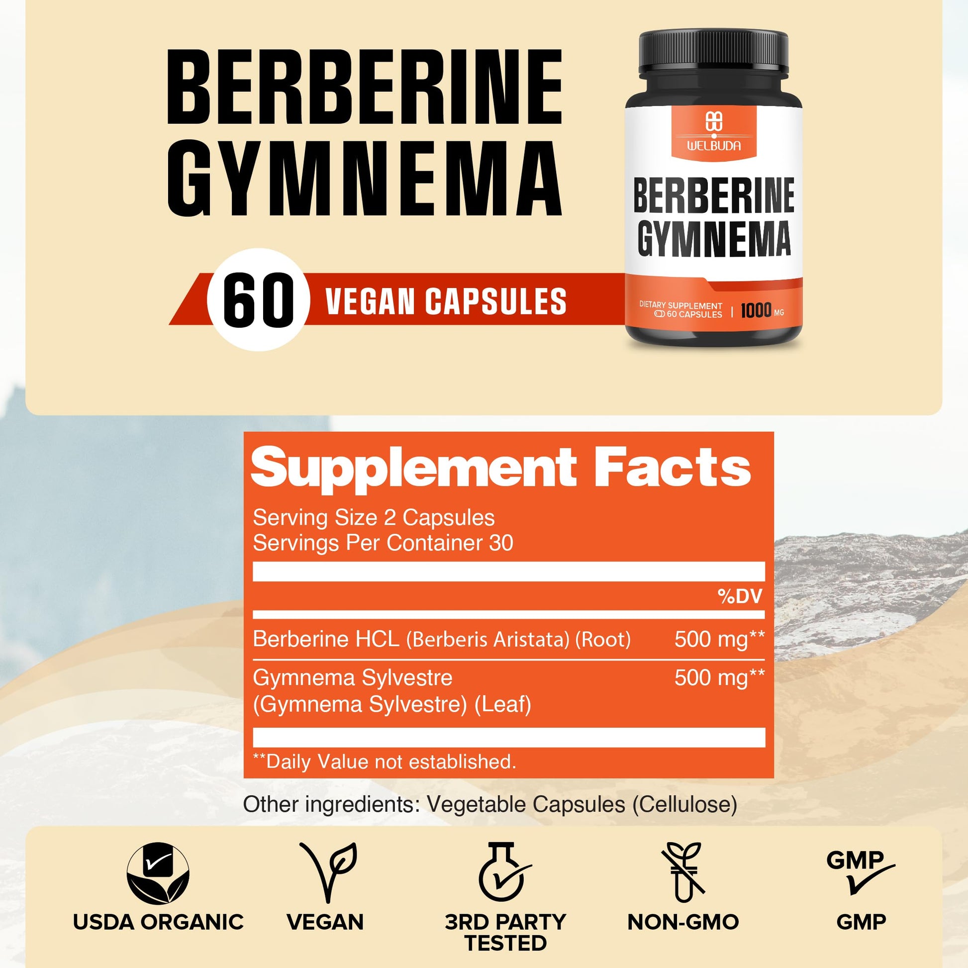 WELBUDA 1000mg Berberine Supplement with Organic Gymnema Sylvestre Leaf - 60 Capsules with High Concentrated Extract - Support for Immune System, Circulatory Health & Gastrointestinal Function - Medaid International