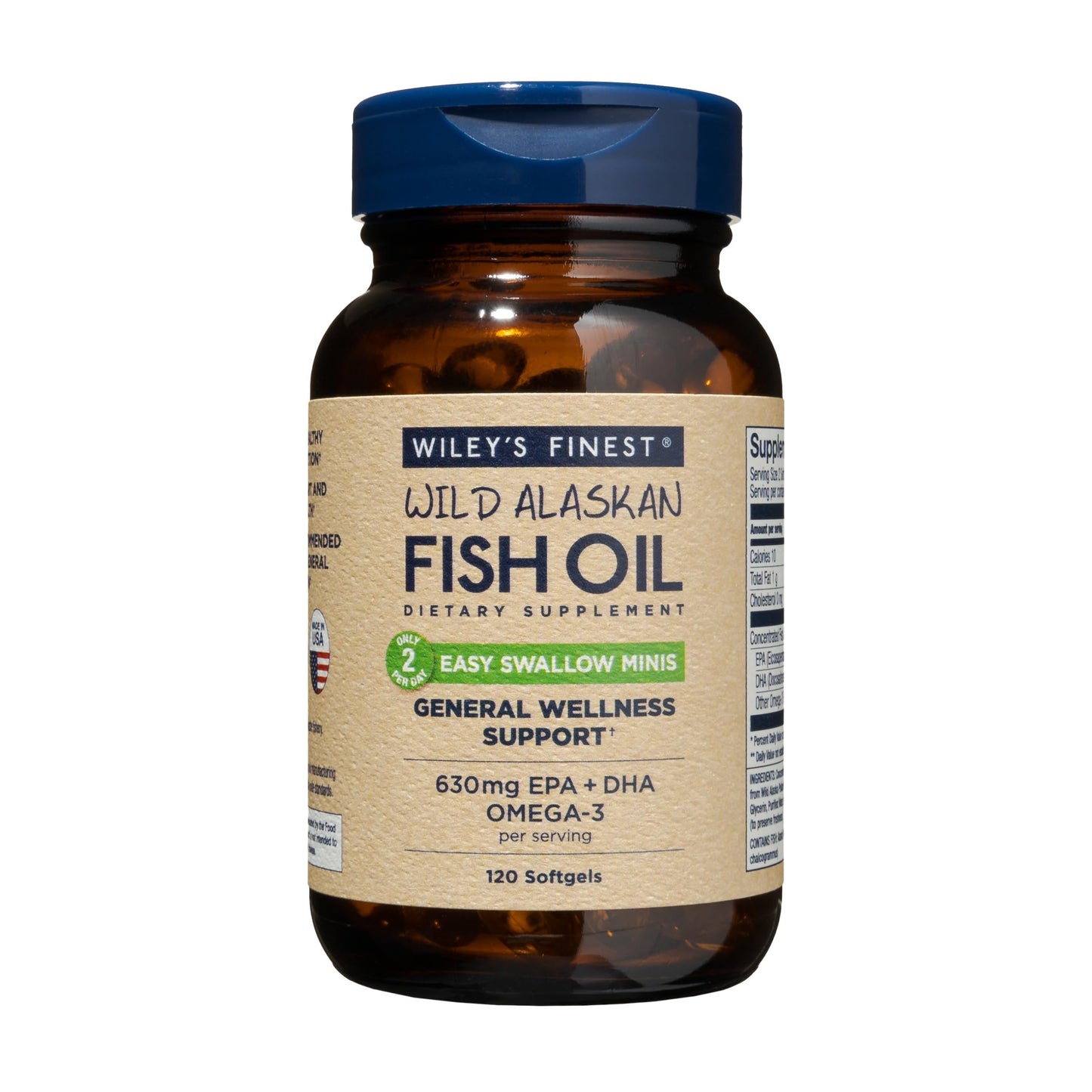 Wiley's Finest Wild Alaskan Fish Oil Easy Swallow Minis - Omega-3 Fish Oil Supplement for Adults and Kids - Double-Strength 630mg EPA and DHA Natural Supplement - 120 Mini Softgels (60 Servings) - Medaid International