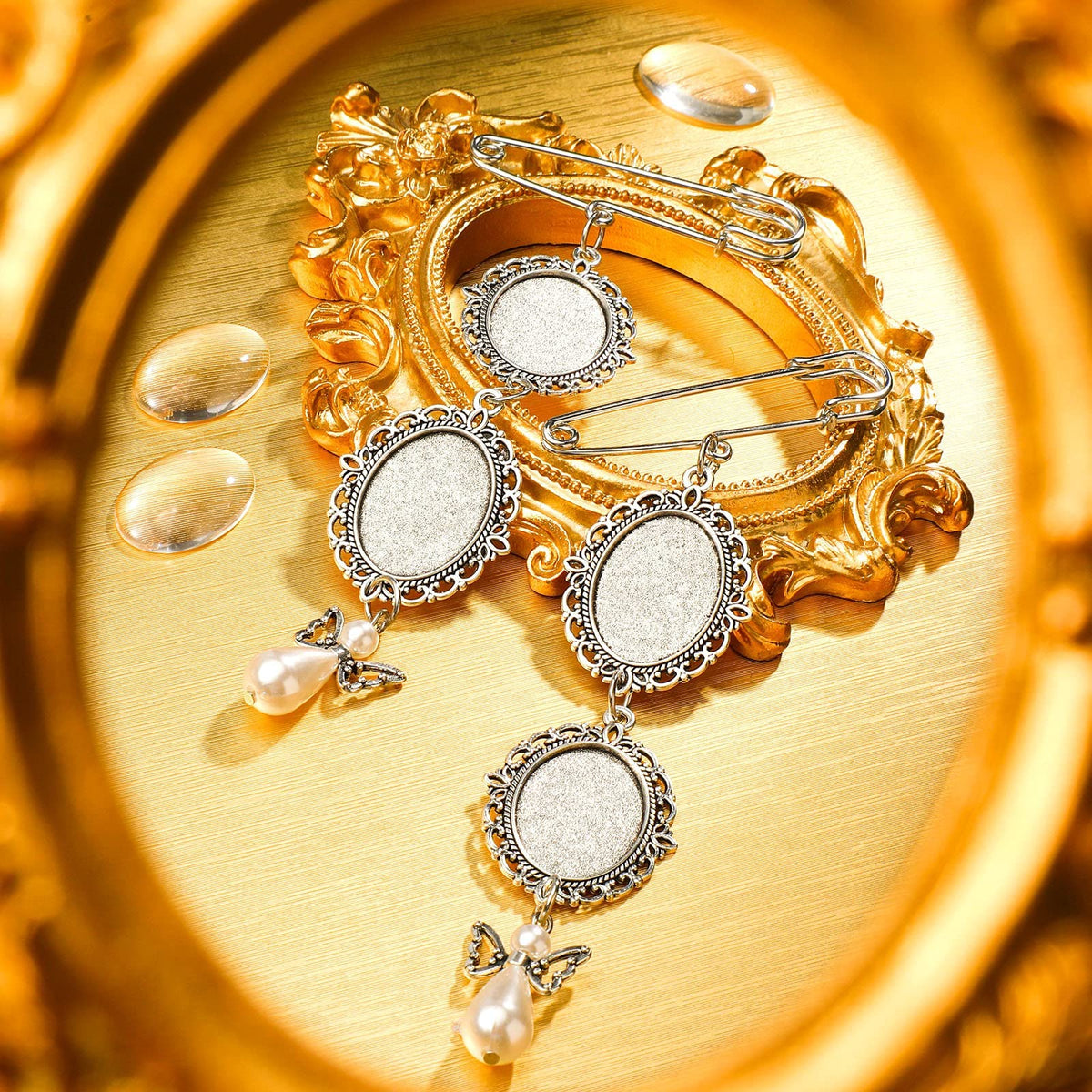 TERRIFI 2 Pcs Wedding Bouquet Photo Charm DIY Pin Brooch Making Kit Double Lacy Frame Wedding Charm 18 x 25 mm Oval Glass Cabochons Picture Frame with Pendant for Holiday Craft Use