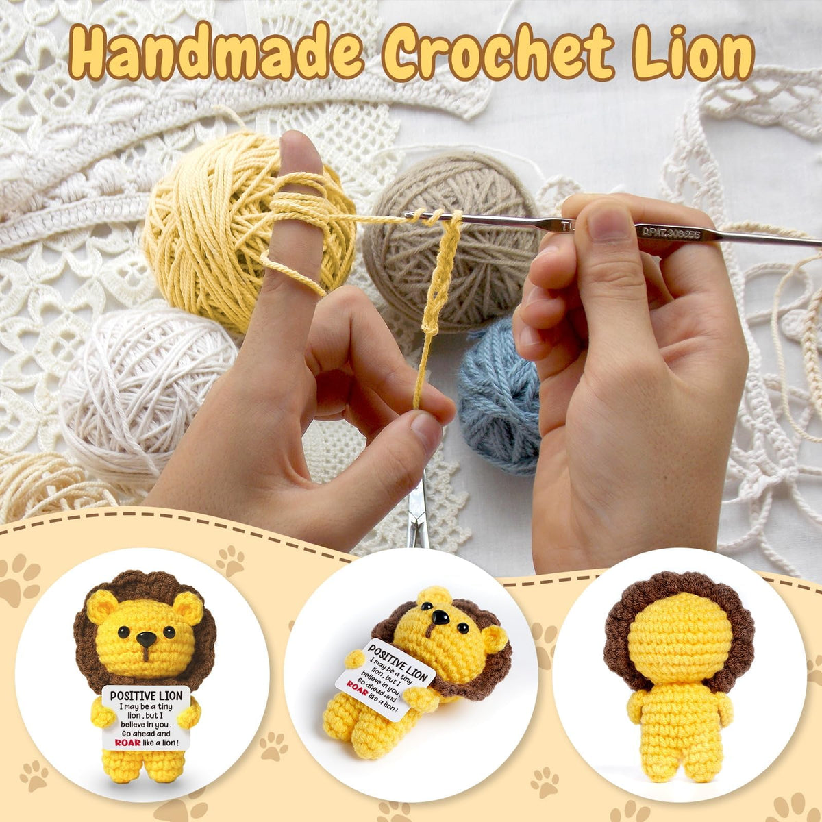 KASTWAVE Mini Positive Crochet Lion Doll, Handmade Emotional Support Crochet Inspirational Cheer Up Gifts, Inspirational Birthday Gift for Girlfriend Gifts, Coworker, Employee, Boss Gift