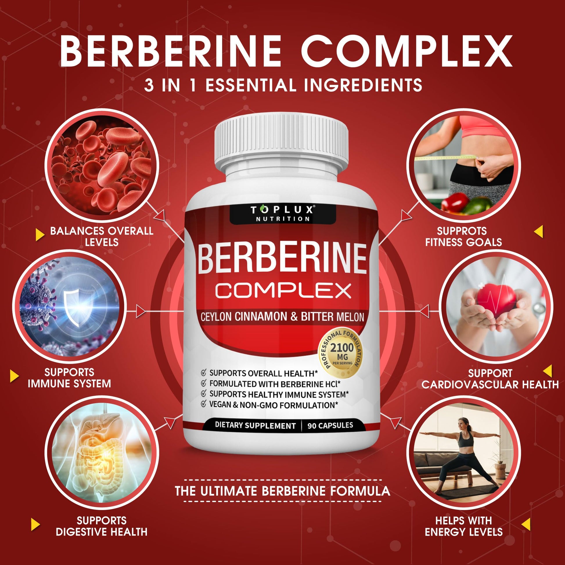 Toplux Berberine with Ceylon Cinnamon and Bitter Melon 2100mg - High Purity 97% HCL Berberine Supplement, Supports Overall Health & Immune System, Non-GMO Vegan 90 Capsules - Medaid International