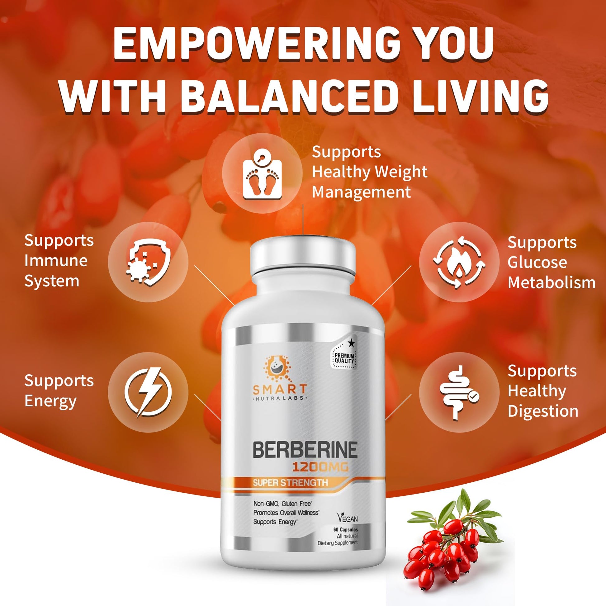 Smart Nutra Labs Premium Berberine HCL 1200mg- 60 Vegan Capsules, 100% Pure Berberine Supplement- Non-GMO, Gluten Free - Medaid International