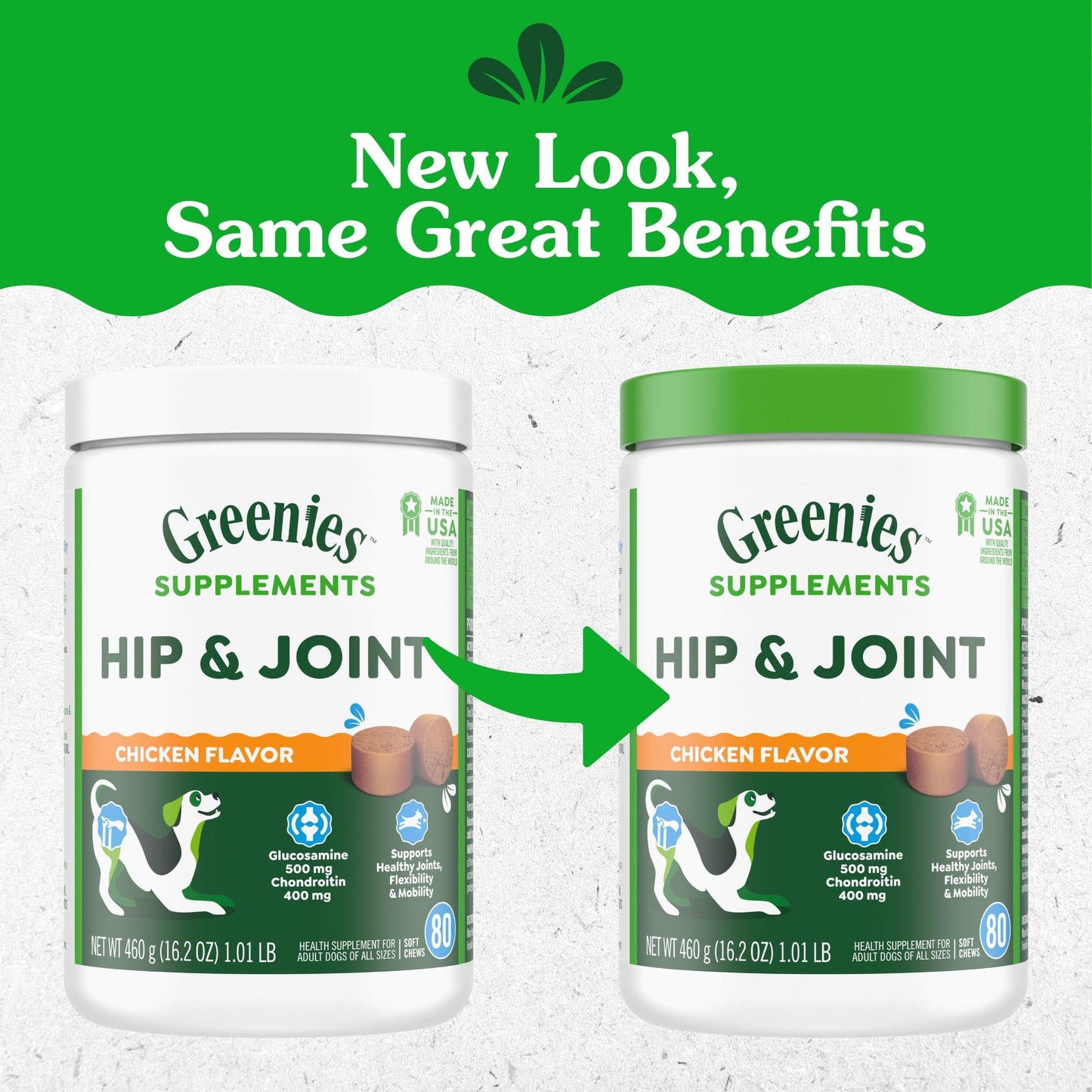 Greenies Supplements Hip and Joint Supplements for Dogs, with Chondroitin & Glucosamine for Dogs, Chicken Flavor, 16.2 oz. Container, 80 Count