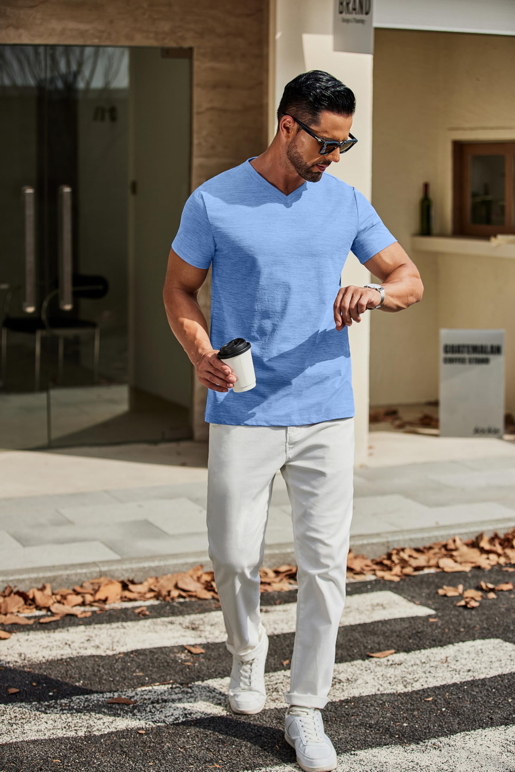 COOFANDY Men's T Shirts Short Sleeve Classic V Neck T-Shirt Casual Summer Basic Tee Shirt Light Blue - Medaid International