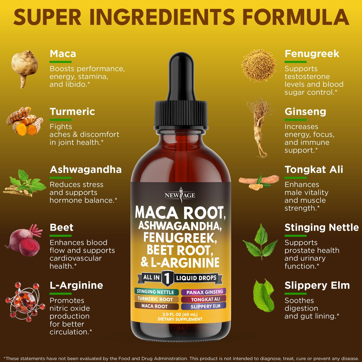 Organic Maca Root Liquid Drops with Ashwagandha, Nettle, Fenugreek, Beet Root and L-Arginine Liquid Multivitamin for Women and Men - 4oz - Medaid International