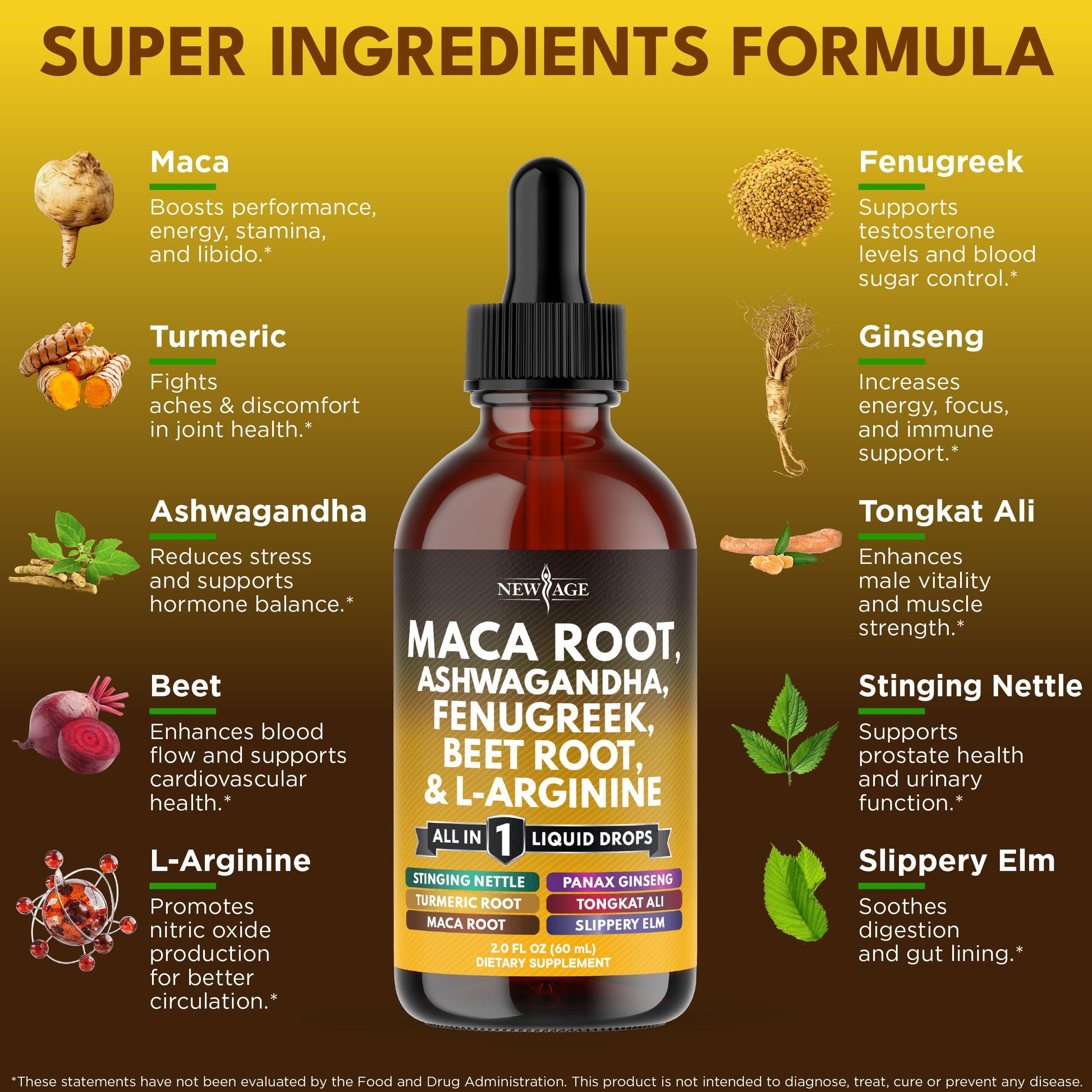 Organic Maca Root Liquid Drops with Ashwagandha, Nettle, Fenugreek, Beet Root and L-Arginine Liquid Multivitamin for Women and Men - 4oz - Medaid International