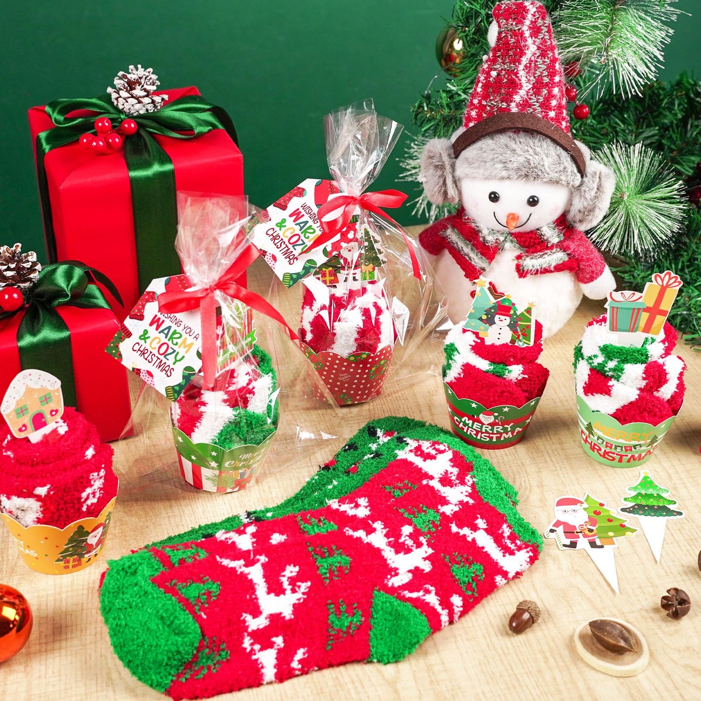 12 Pairs Christmas Fuzzy Socks Christmas Cupcake Fuzzy Socks DIY Gift Set for Women and Girls Xmas Thick Cozy Bed Sock with Greeting Cards for Adult Kids Party Home Indoor Sleeping Xmas Holiday - Medaid International