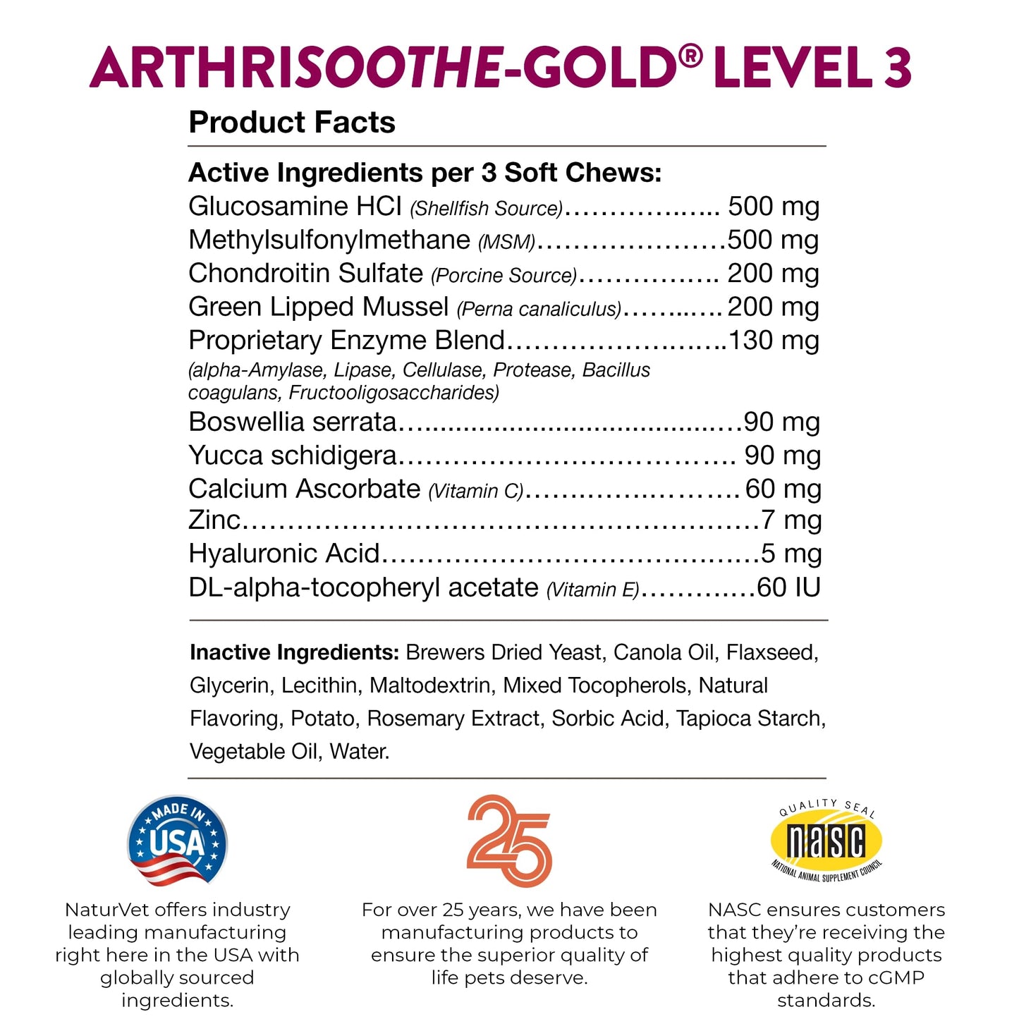 NaturVet Arthrisoothe Glucosamine for Dogs – Dog Supplement with Glucosamine, MSM, Chondroitin & Hyaluronic Acid – ArthriGold Level 3 – 240 Soft Chews