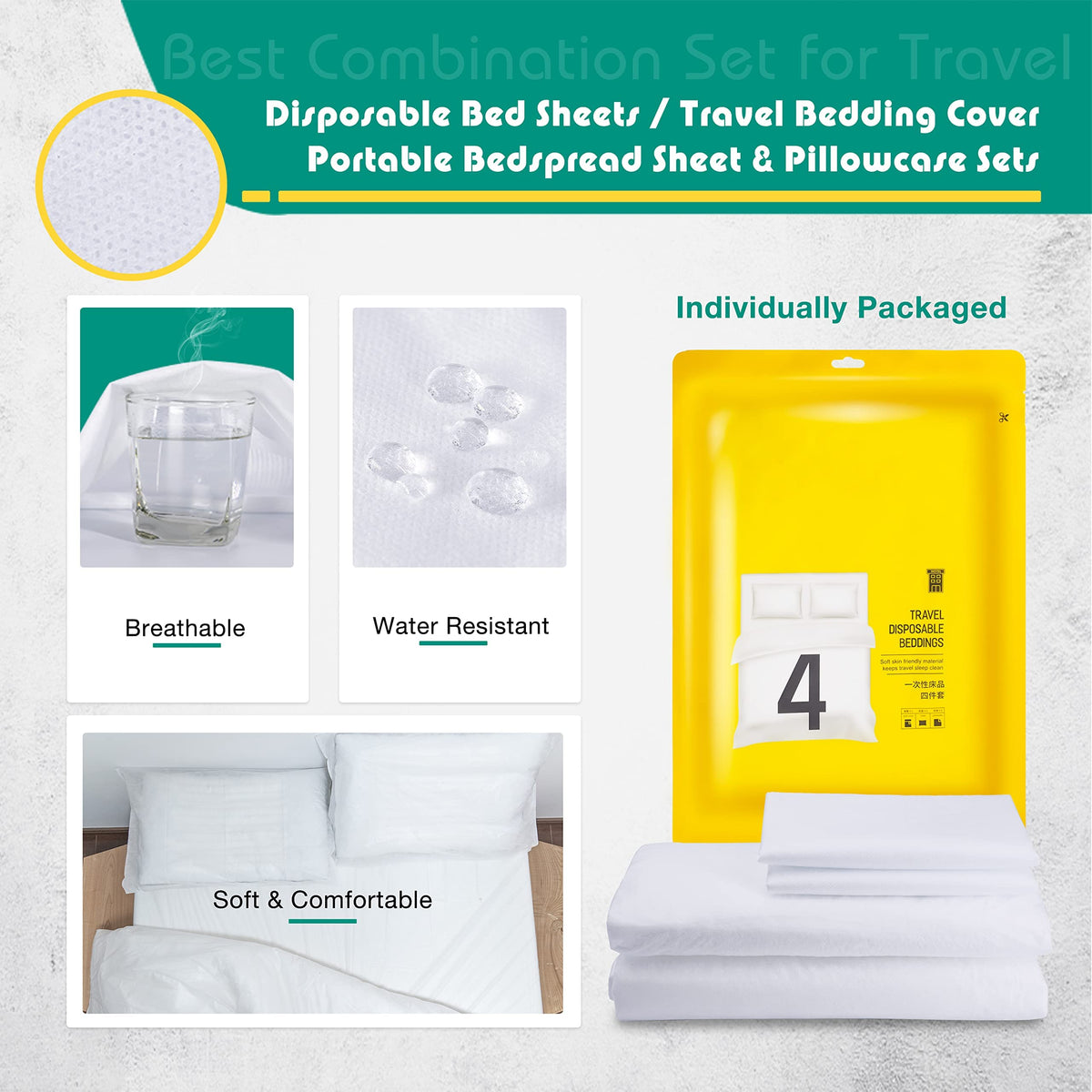 KASTWAVE 4 Pack Travel Disposable Bedding Set, Disposable Bedding Sheets, Sheet for Business Travel Hotel Trip Outdoor Camping, 1 Quilt Covers, 1 Bed Sheet and 2 Pillow Cases, 2 Towel, 2 Bath Towel