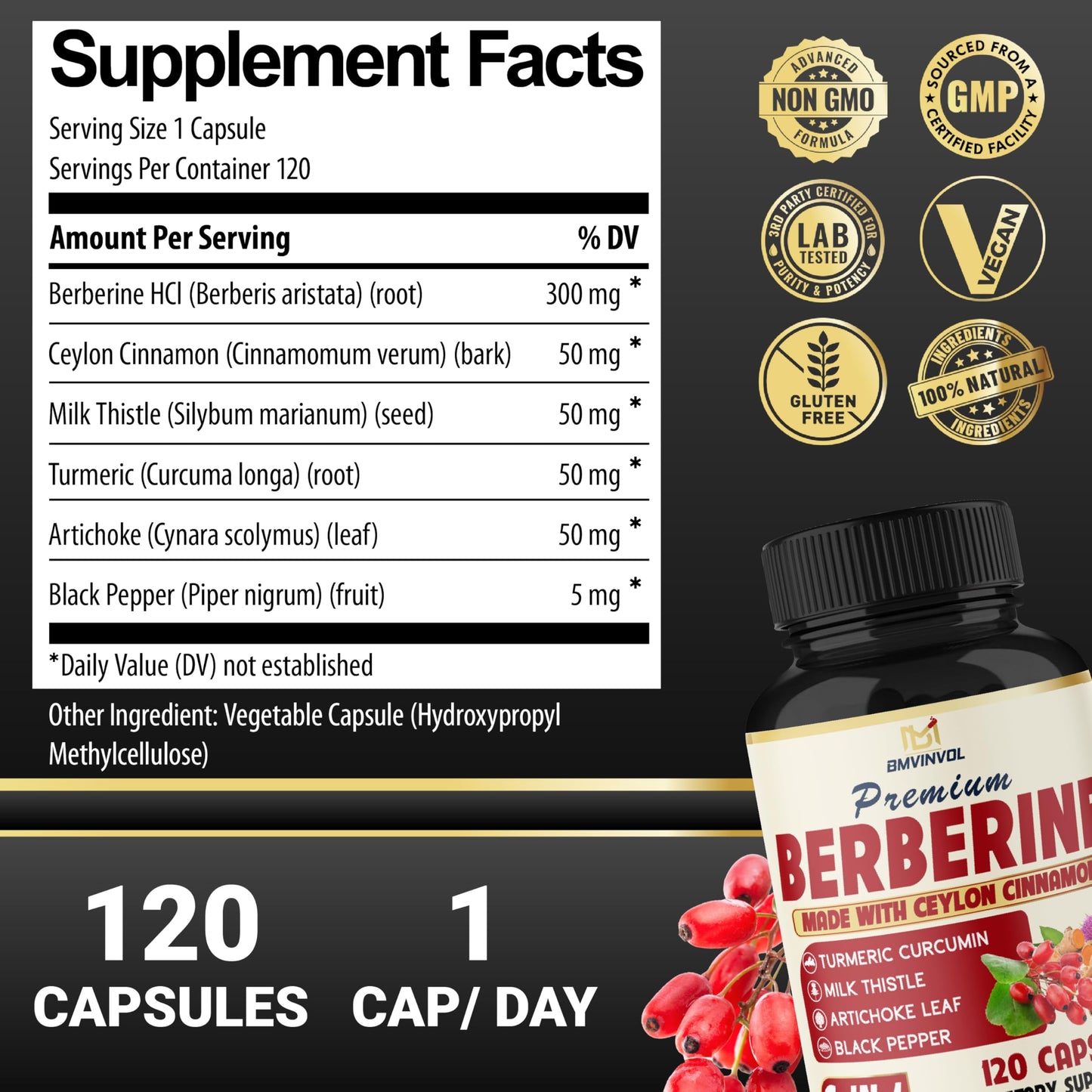 BMVINVOL 6in1 Berberine Supplement with Ceylon Cinnamon, Tumeric Root, Milk Thistle, Artichoke, Black Pepper -120 Capsules for 4 Month Supply - Medaid International