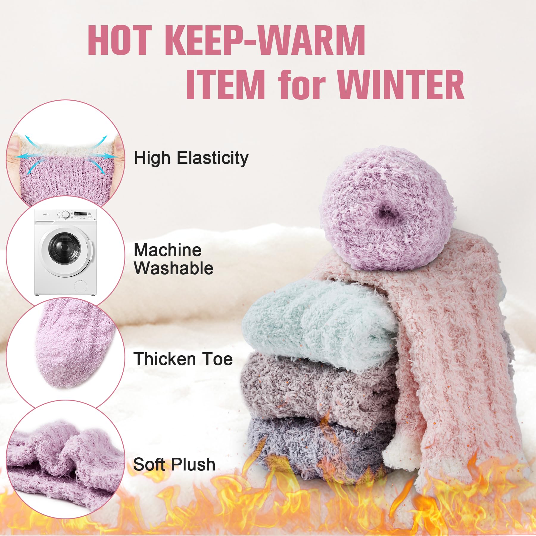 Azue Fuzzy Warm Slipper Socks Women Super Soft Microfiber Cozy Sleeping Socks 6 or 5 Pairs ((01) 7 Pairs Patchwork) - Medaid International