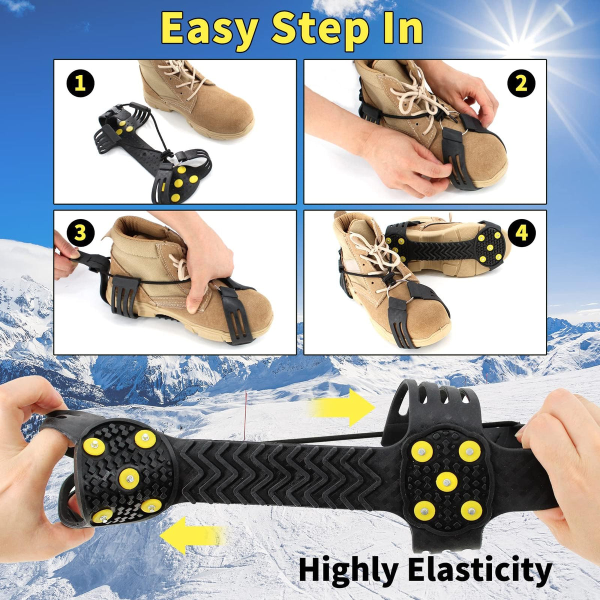 TERRIFI Ice Cleats Snow Grips, Non-Slip Traction Crampons 10 Steel Studs with Extra 20 Replacement Studs, Walk Traction Cleats for Walking, Hiking, Mountaineering, Shoes/Boots, Snow Ice Walking