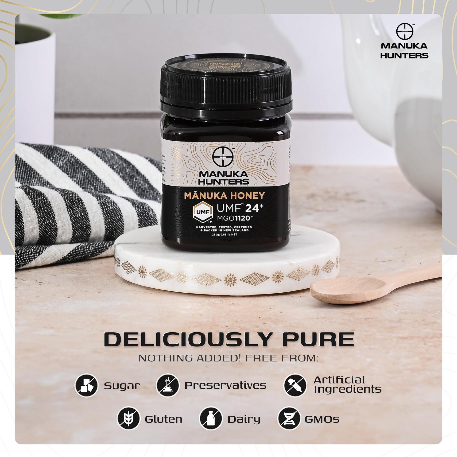 Manuka Hunters UMF 24+/MGO 1120+ Certified New Zealand Manuka Honey - 100% Pure Natural Sweetener - Gluten, Dairy Free - Ideal for Tea, Coffee, Smoothies, and Baking - Sustainable - 8.8oz/250g Jar - Medaid International