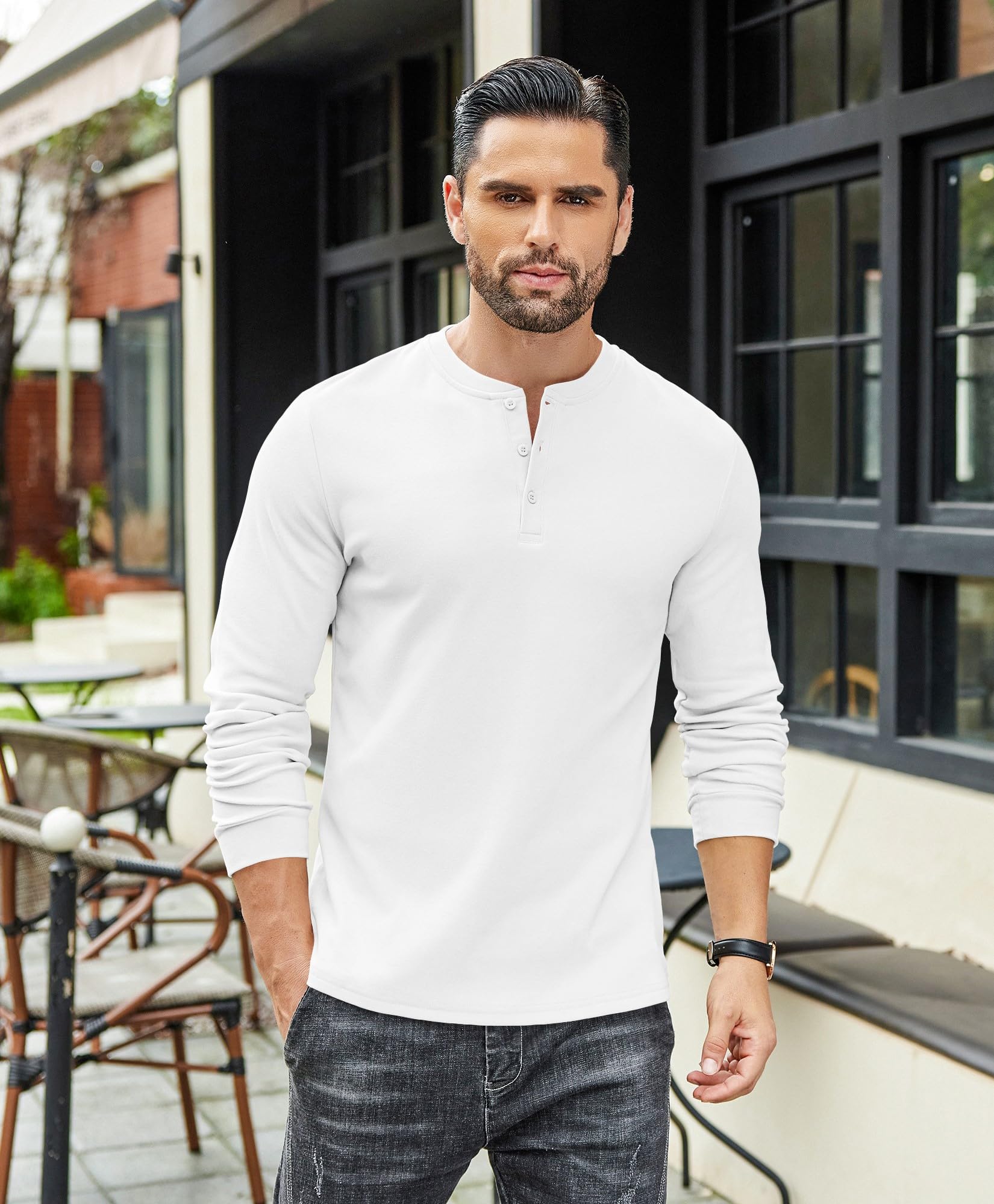 COOFANDY Men's Quarter Button T-Shirts Casual Long Sleeve Henleys Lightweight Pullover Basic Tees Fall Tops White - Medaid International