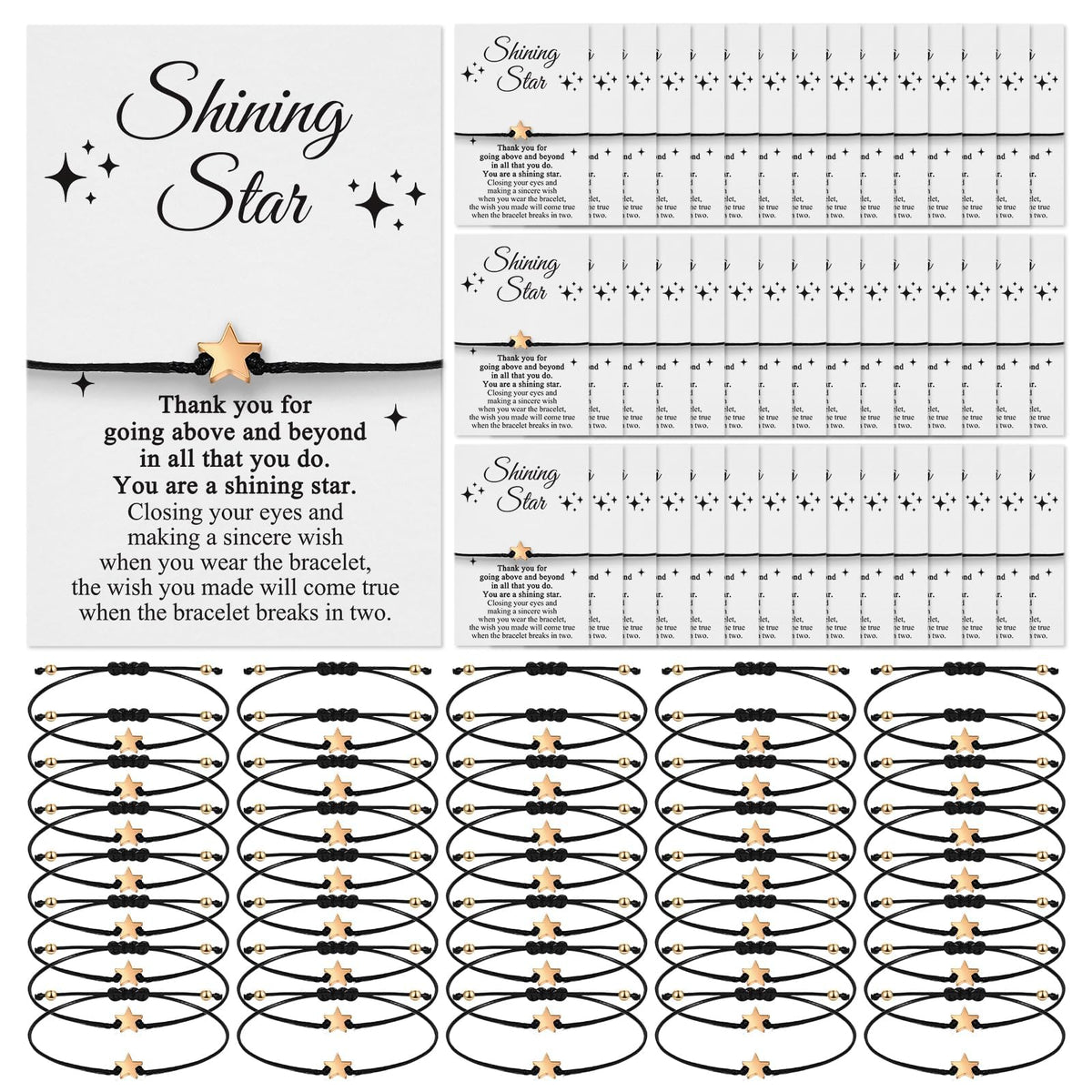 TERRIFI 20 Sets Star Wish Bracelets Bulk, Inspirational Teacher Appreciation Thank You Gift, Adjustable Friendship Bracelets with Cards for Students Employee Coworker Team