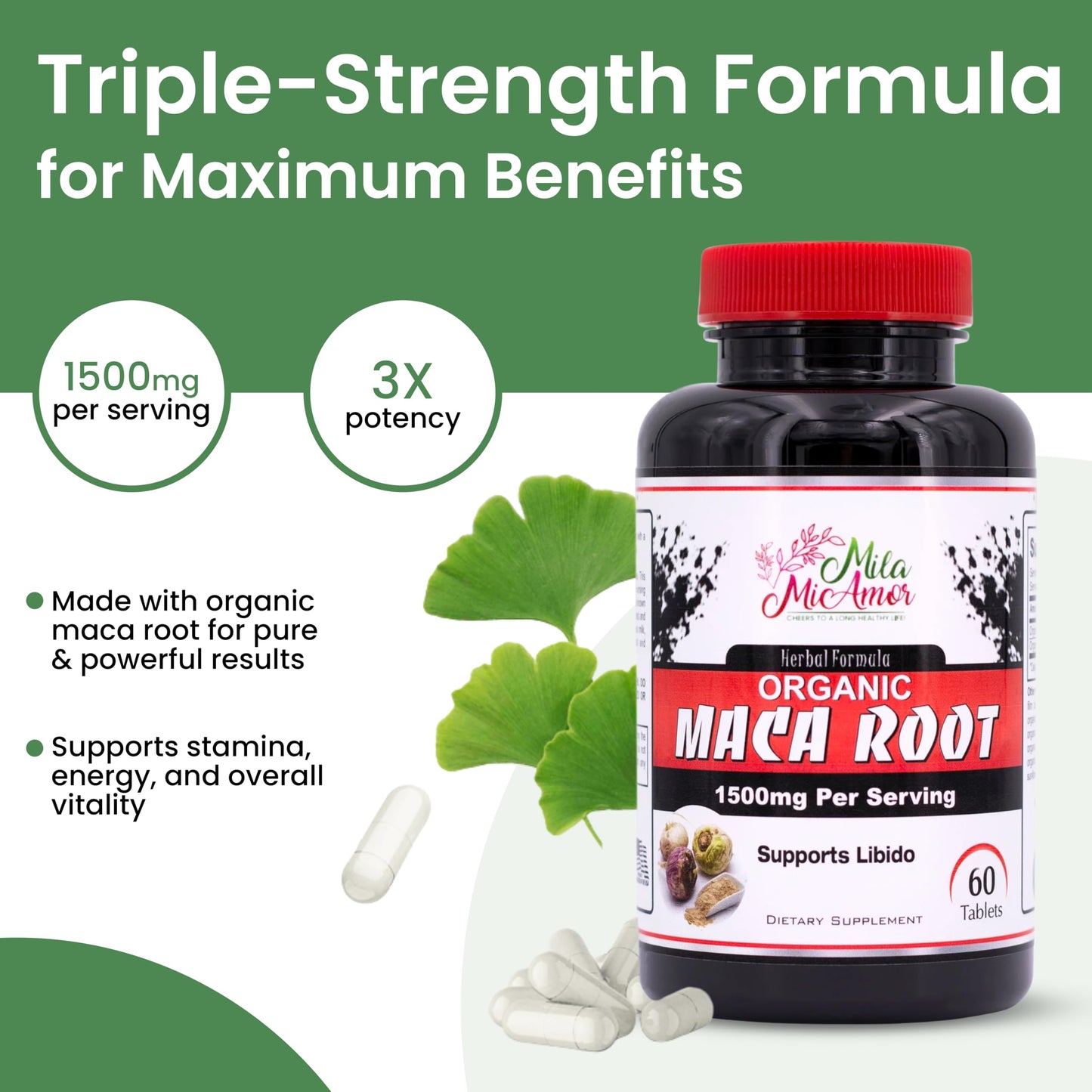 Mila Miamor Organic Maca Root Extract 1500 mg, Peak Performance for Men & Women, Sustained Energy & Hormone Support with Black Pepper, Non-GMO, 60 Tablets, US-Made - Medaid International