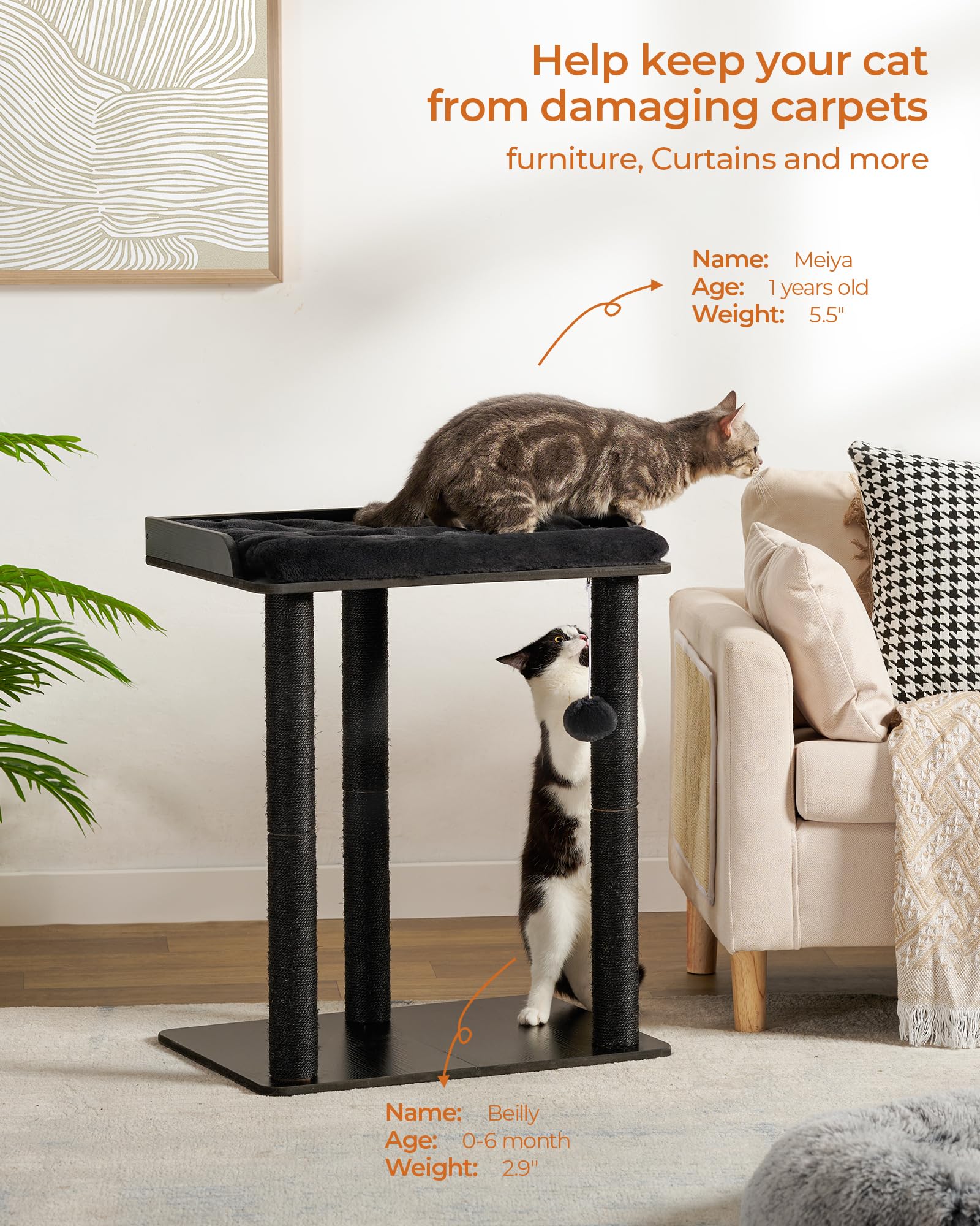 FourFurPets 26.7in Cat Tree Tower Condo, Cat Scratch Posts for Indoor Cats, Big Plate, Three 23.6in Full Sisal Scratching Posts, Black - Medaid International