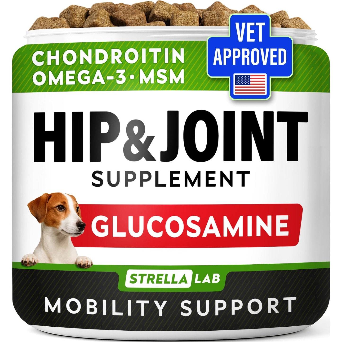 STRELLALAB Hip & Joint Glucosamine Supplement Treats for Dogs - Chondroitin, Omega-3, MSM - Advanced Joint Health Support Chews for Large Breed - Pain Relief - Bacon Flavor - 120 Ct - Made in USA
