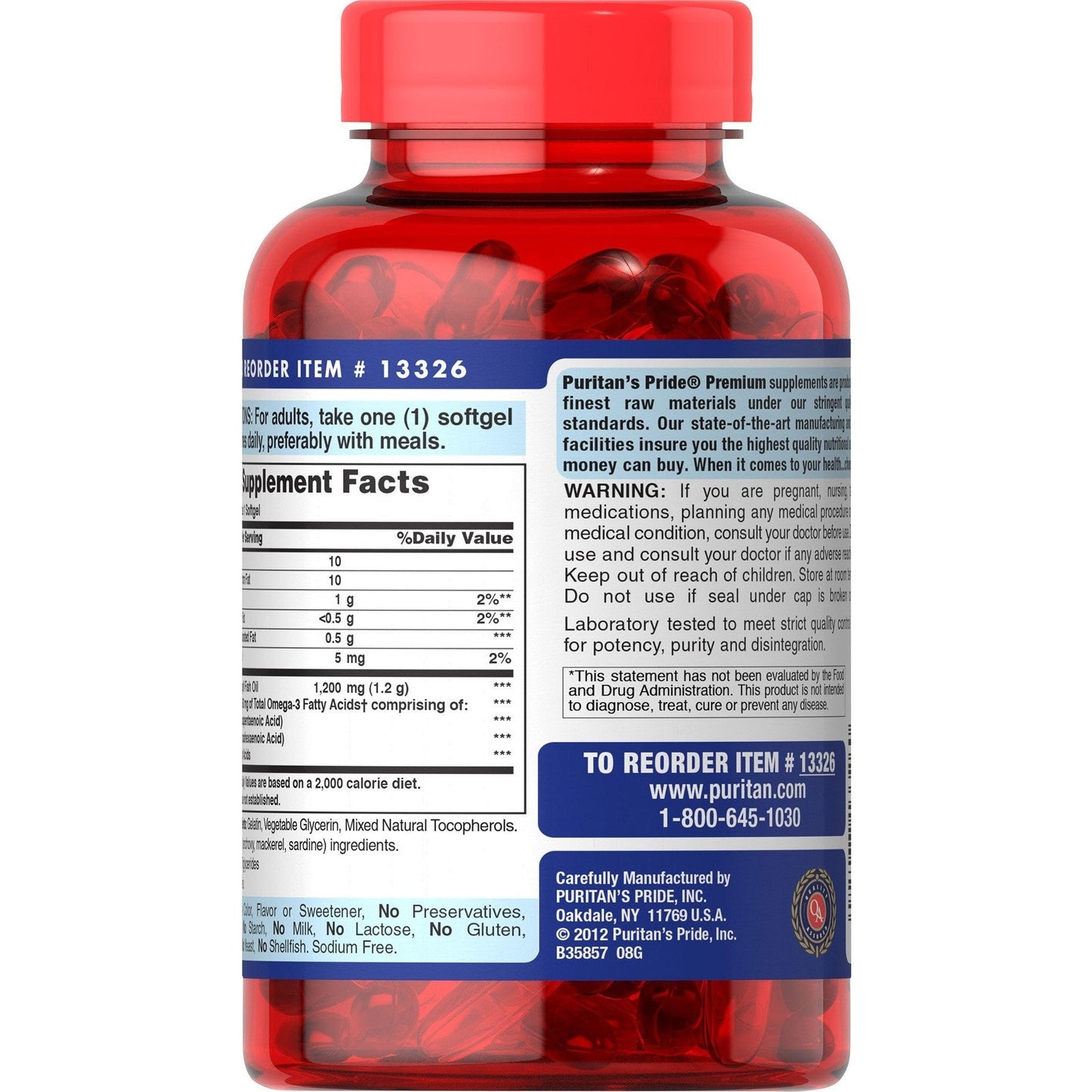 Puritan's Pride Omega-3 Fish Oil 1200 mg (360 mg Active Omega-3) - 100 Softgels - Medaid International