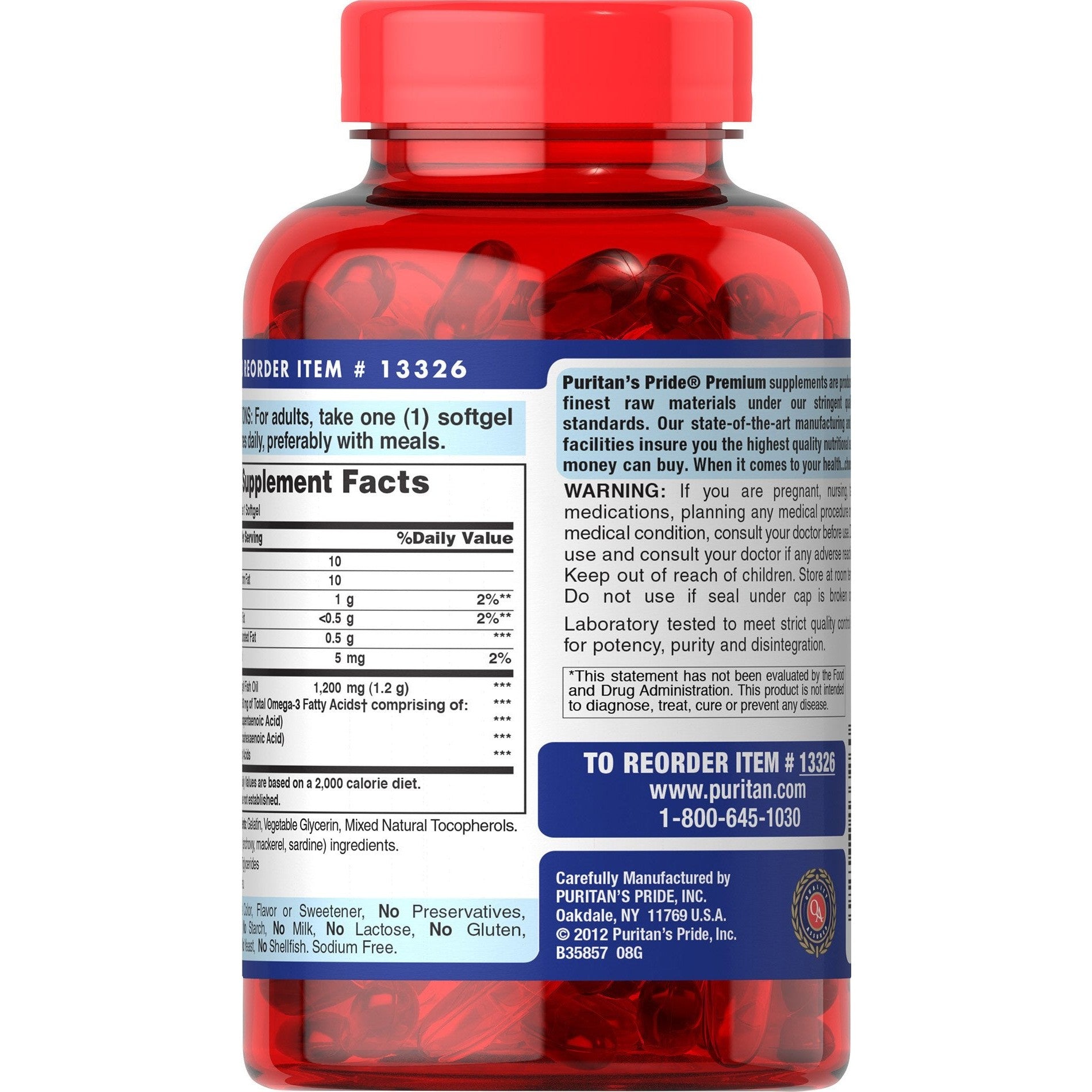 Puritan's Pride Omega-3 Fish Oil 1200 mg (360 mg Active Omega-3) - 100 Softgels - Medaid International