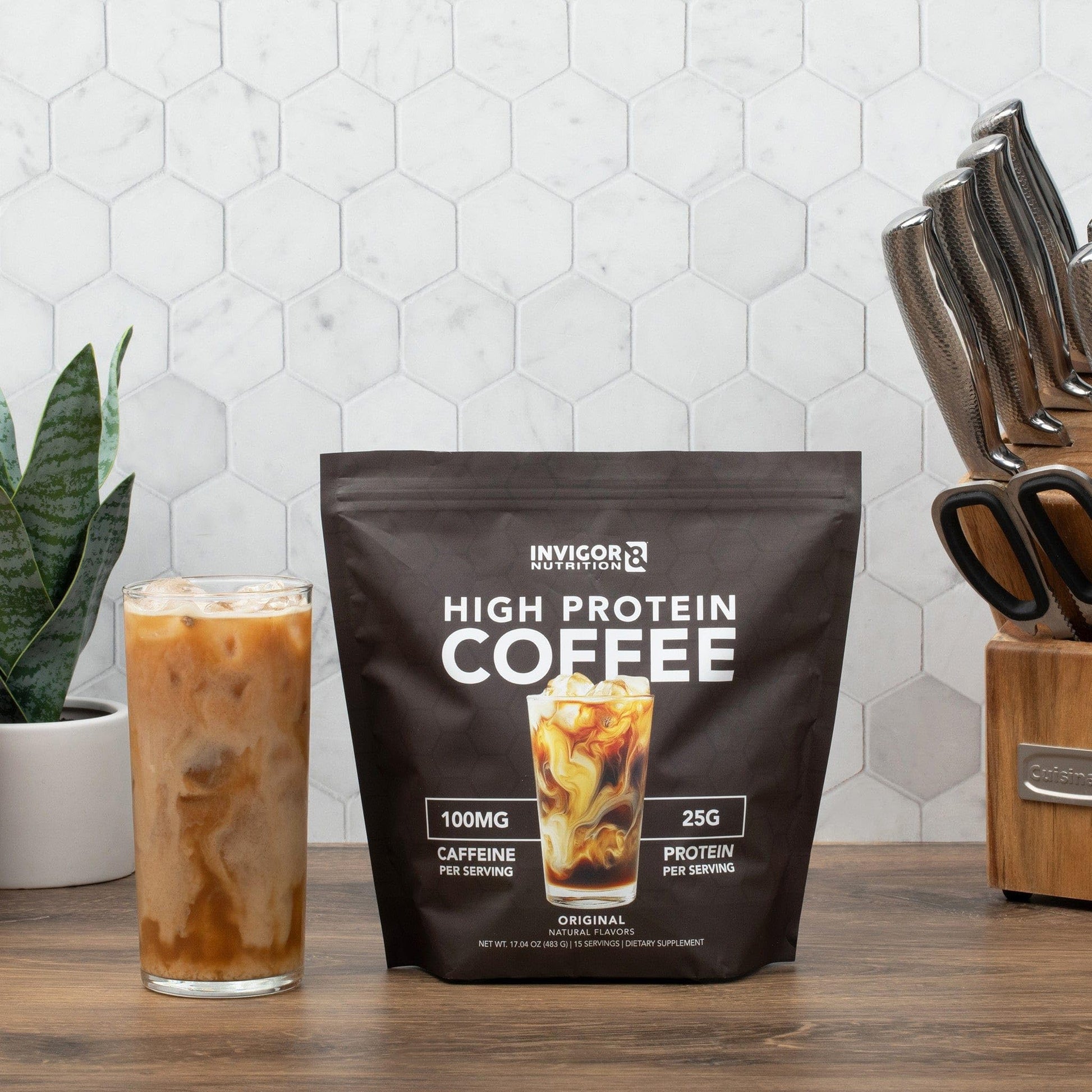 INVIGOR8 High Protein Coffee Powder 25 Grams Whey Isolate100mg Natural Green Tea Caffeine | 0 Added Sugar Keto Gluten Free 99.9% Lactose Free | Hot or Iced15 Serving 15 Servings (17 OZ, Original) - Medaid International