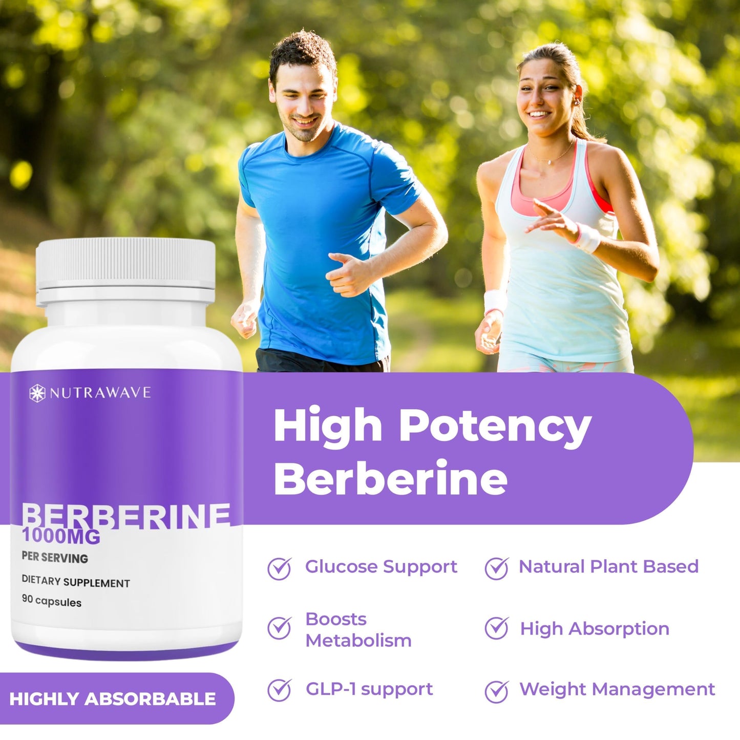 Nutrawave PURE Berberine Maximum Potency - Supports Blood Sugar Levels & Metabolism, 1000mg Per Serving - 2 Capsules - For Adults Seeking Natural Glucose Support - Non-GMO, Vegan - 1 Pack - Medaid International