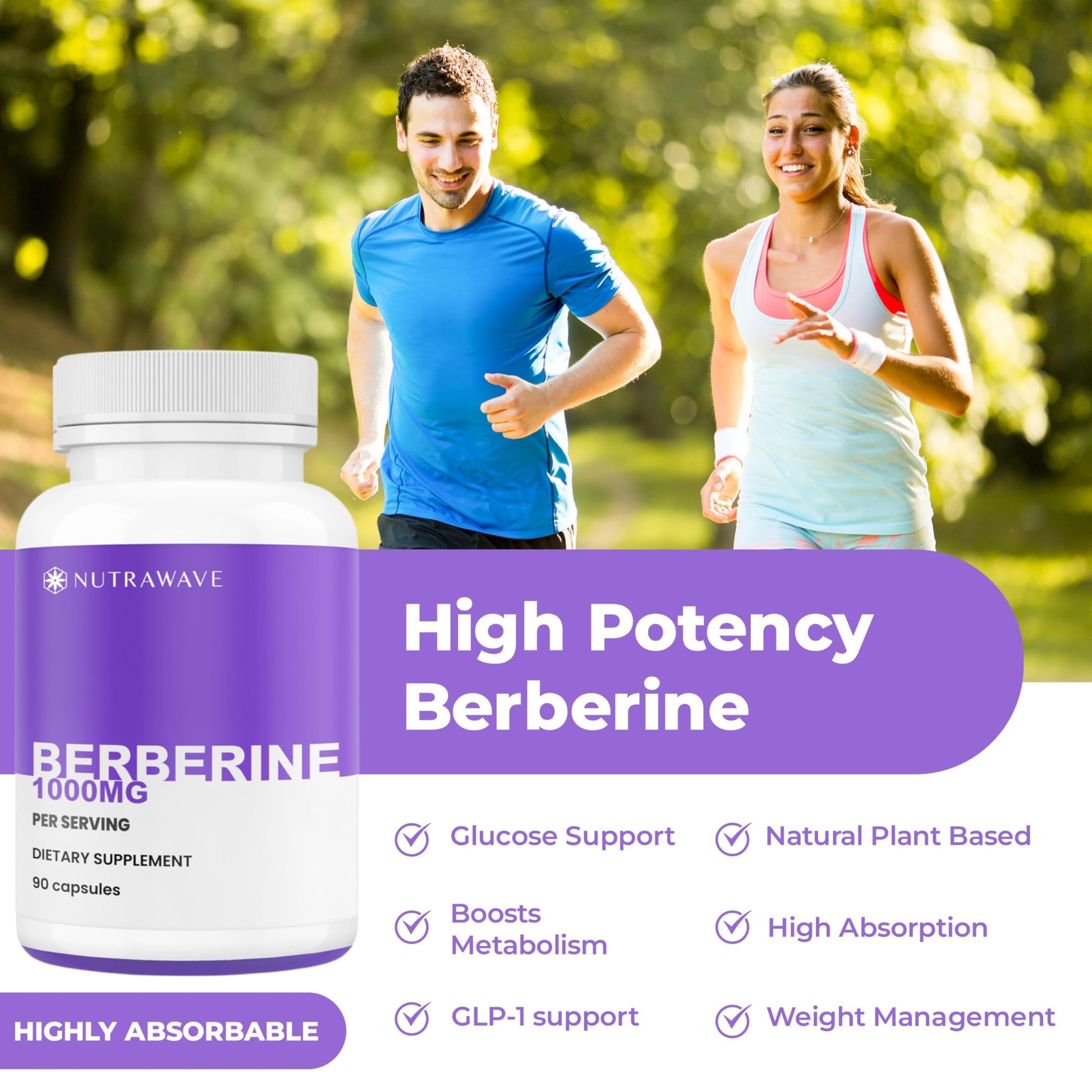 Nutrawave PURE Berberine Maximum Potency - Supports Blood Sugar Levels & Metabolism, 1000mg Per Serving - 2 Capsules - For Adults Seeking Natural Glucose Support - Non-GMO, Vegan - 1 Pack - Medaid International
