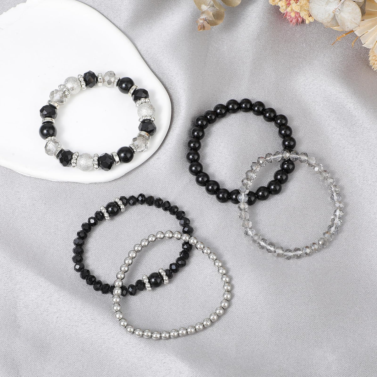 KASTWAVE Beaded Stretch Bracelets, 5 Pcs Stackable Crystal Bead Bracelets, Precious Healing Crystals, Bohemian Fashion Accessories, Positive Energy Boost, Gifts for Women