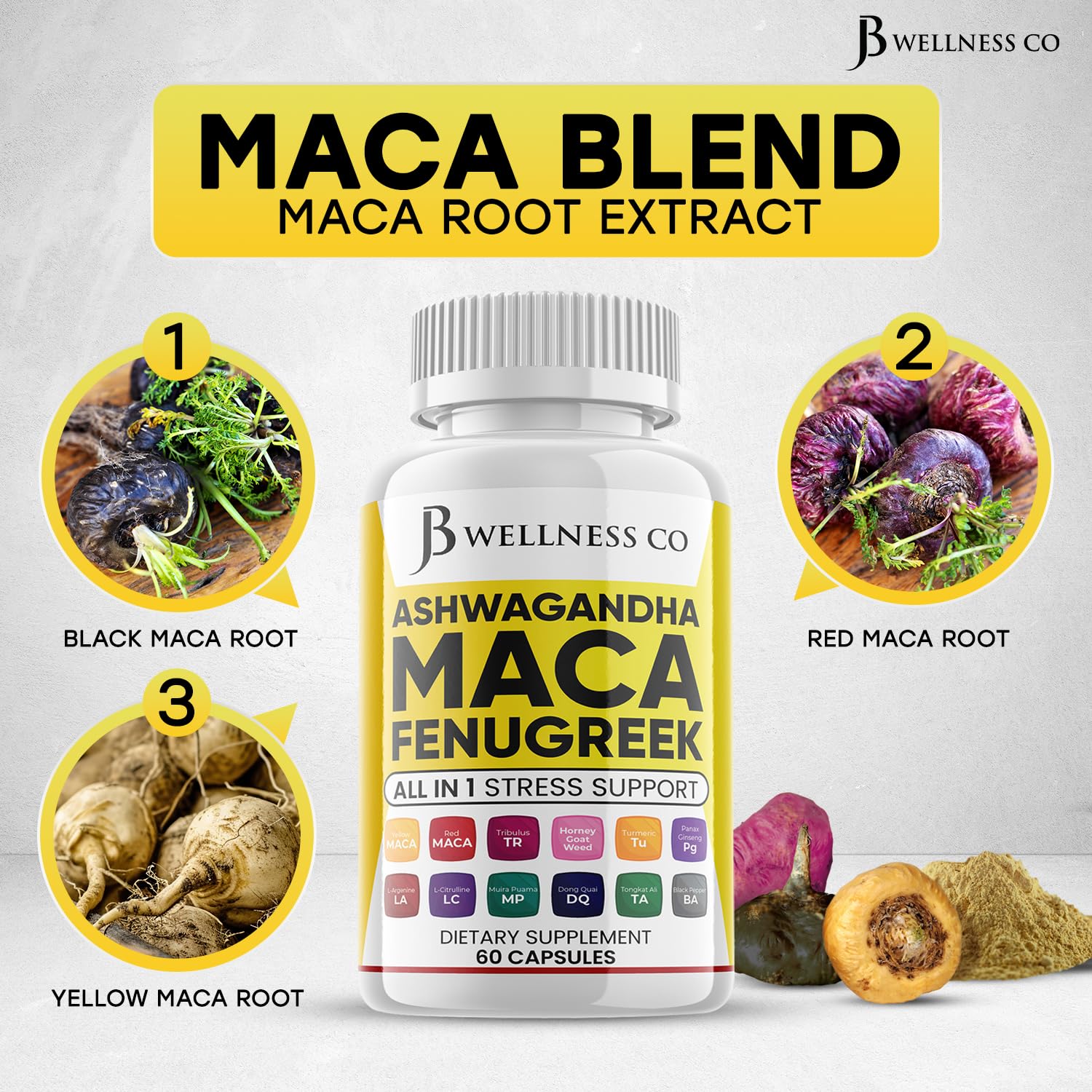 JB WELLNESS CO Ashwagandha Maca Root Fenugreek Supplement with Tongkat Ali Ginseng - Assists with Mood & Thyroid Health - Made in USA - 120 Count - Medaid International