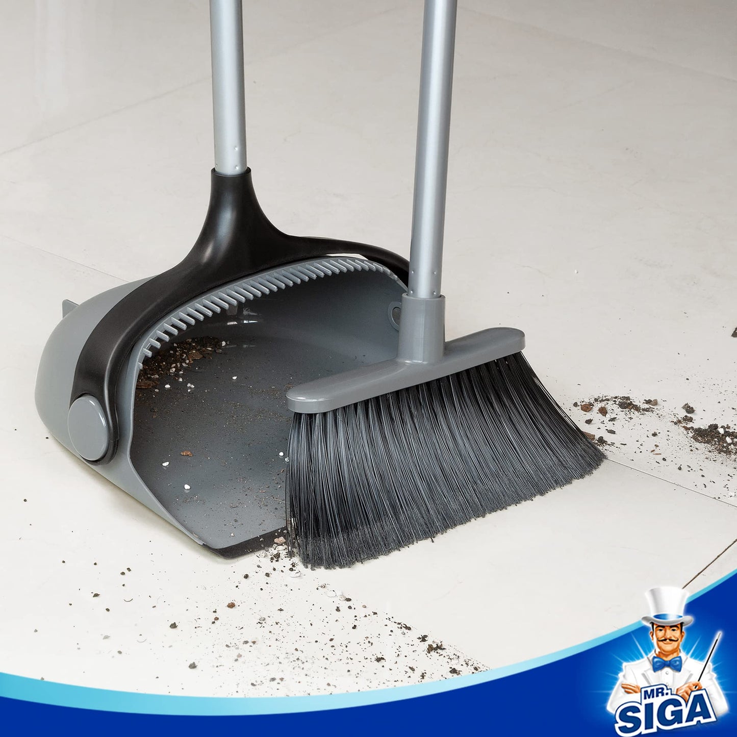 MR.SIGA Broom and Dustpan Set with Adjustable Long Handle, Upright Combo for Floor, Cleaning Lobby, Gray - Medaid International