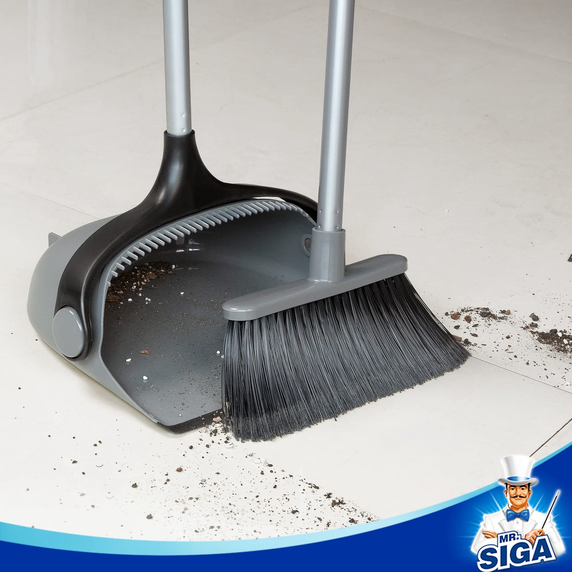 MR.SIGA Broom and Dustpan Set with Adjustable Long Handle, Upright Combo for Floor, Cleaning Lobby, Gray - Medaid International