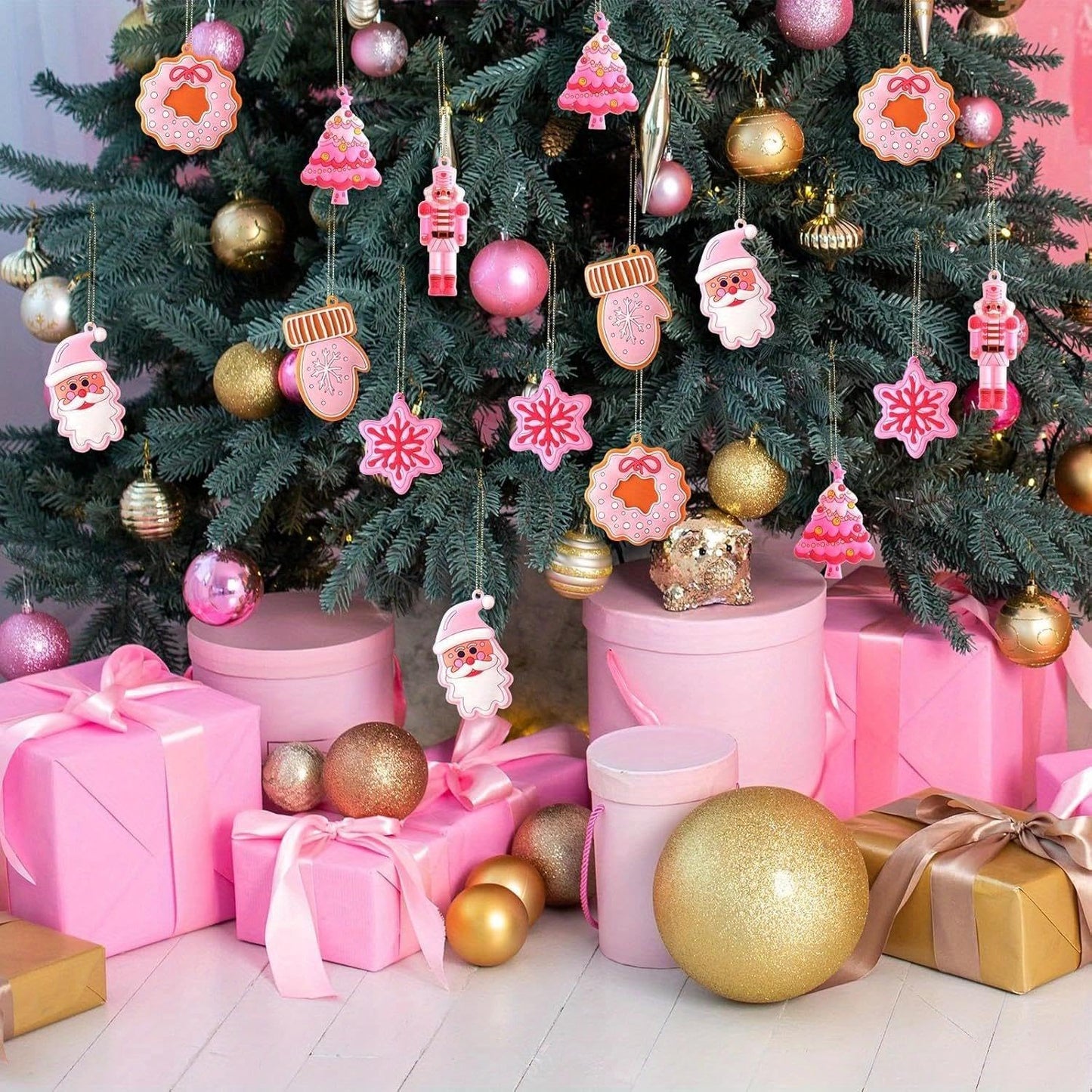 12Pcs Christmas Hanging Ornaments, Cute Pink Glove Traditional Snowman and Santa Designs for Xmas Tree and Party Supplies - Medaid International