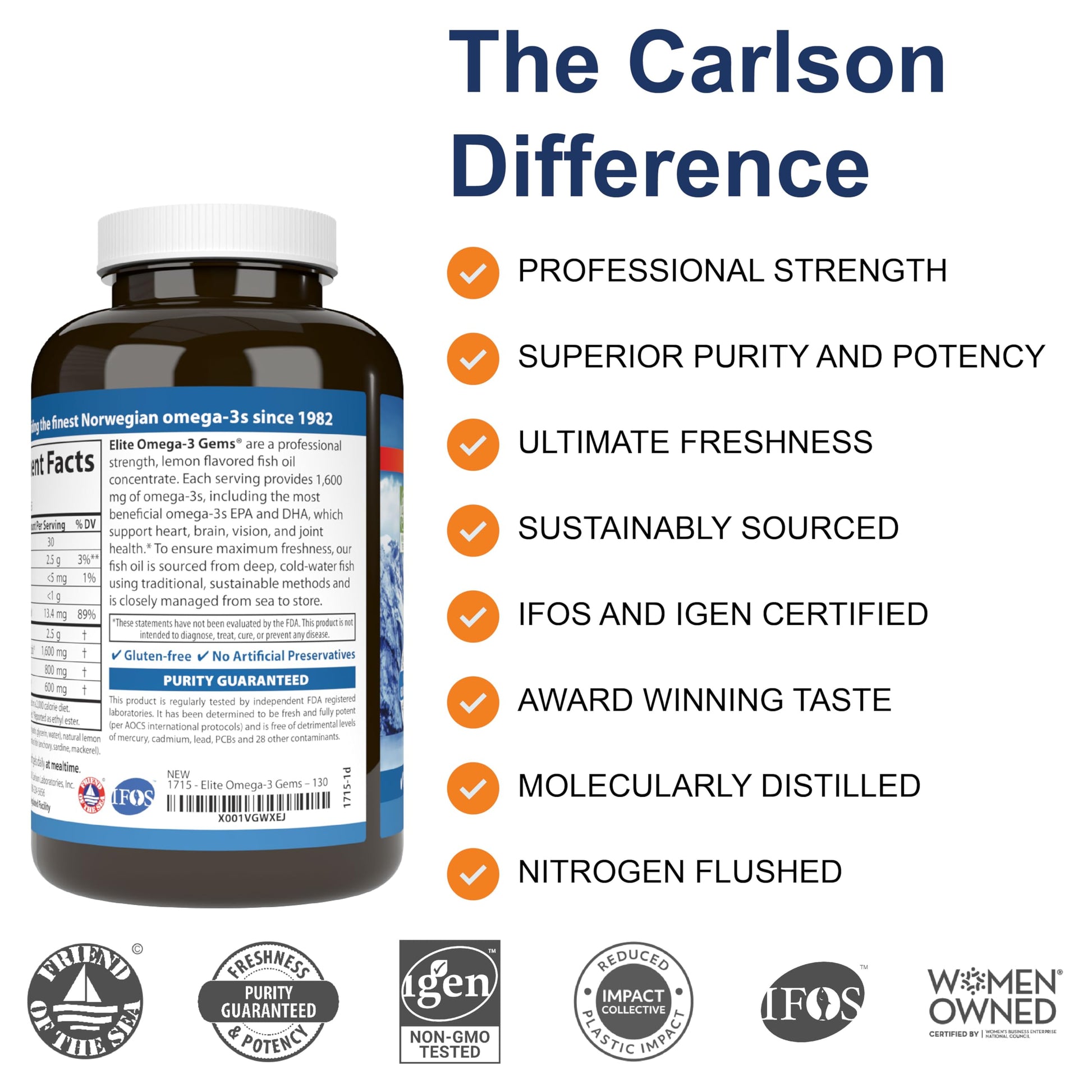 Carlson - Elite Omega-3 Gems, 1600 mg Omega-3 Fatty Acids Including EPA and DHA, Norwegian, Wild-Caught Fish Oil Supplement, Sustainably Sourced Omega 3 Fish Oil Capsules, Lemon, 130 Softgels - Medaid International