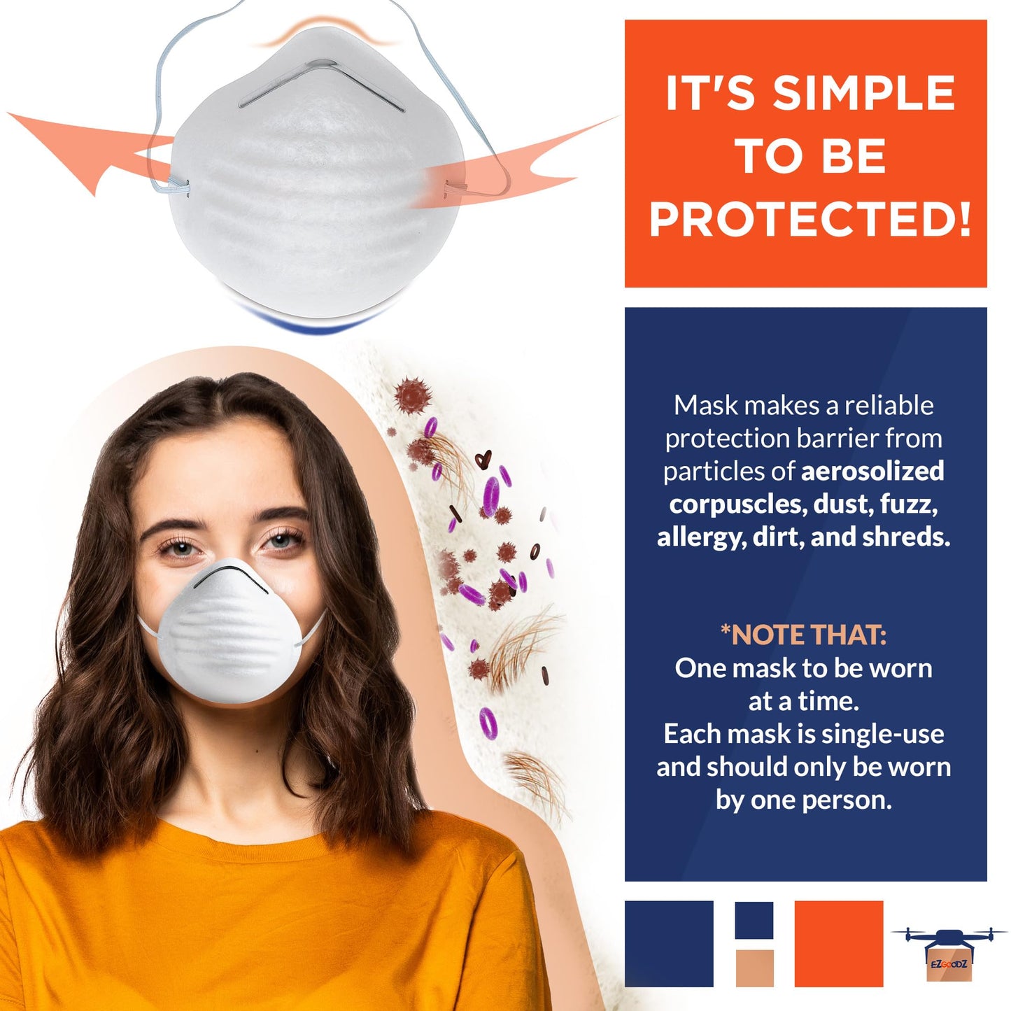 EZGOODZ Cup Dust Safety Masks One Size. 50 Pack White PP Disposable Face Masks for Adults. Dustproof Disposal Dust Mask Medical. Adult Disposable Face Mask with Nose Clip, Elastic Ear Loops