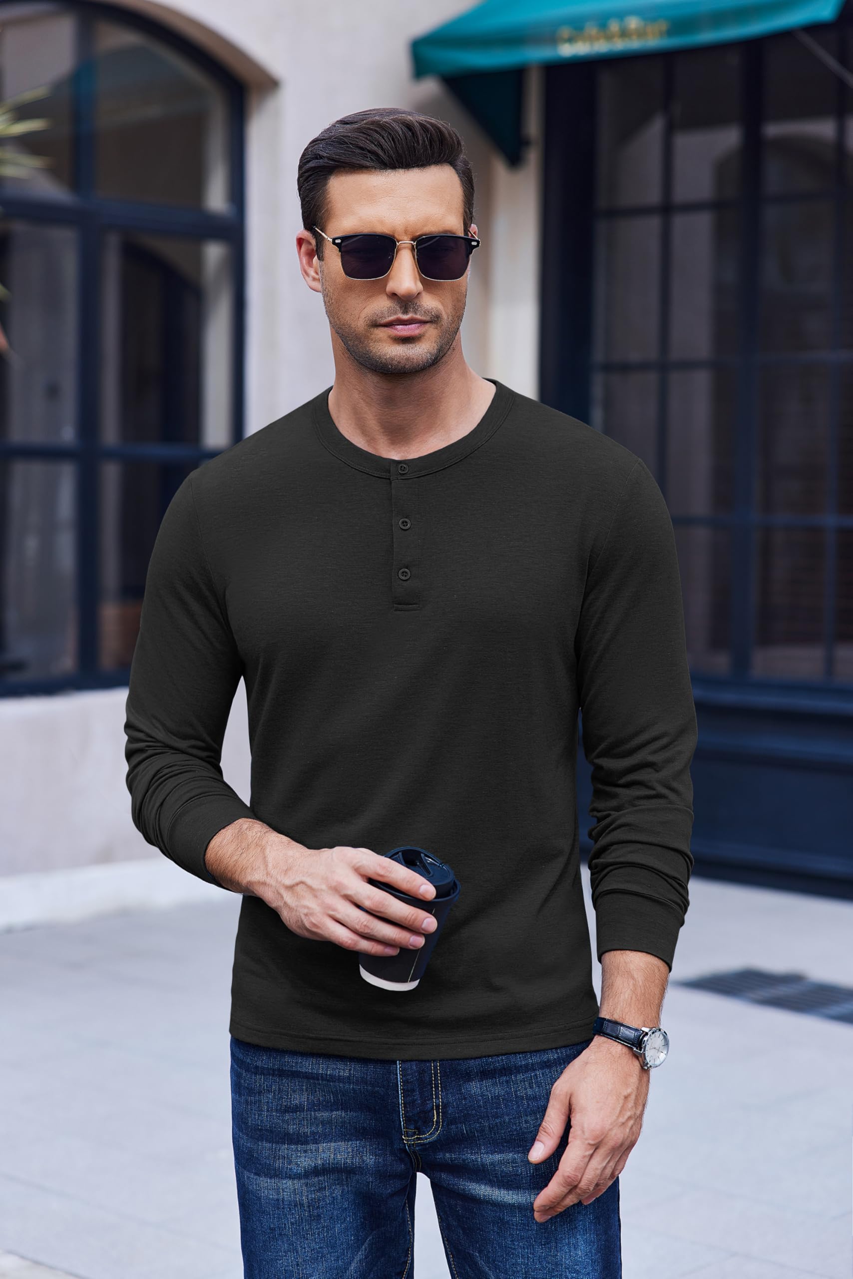 COOFANDY Men's Henley Shirts Long Sleeve Casual Basic Solid Tees Soft Stretch Lightweight T-Shirt Fall Fashion Henley Top Black - Medaid International