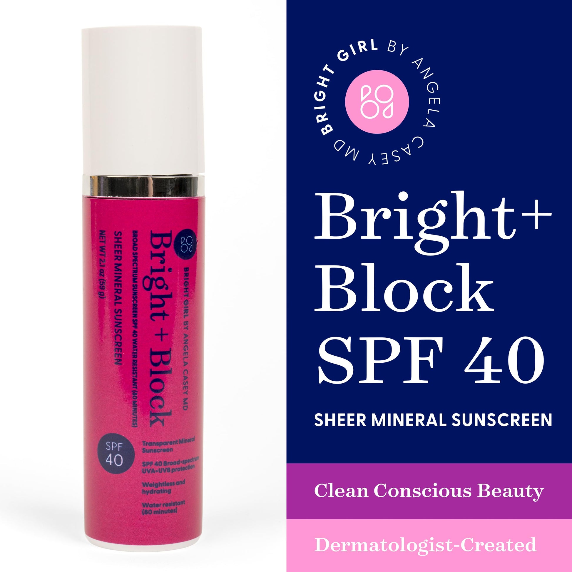 Bright+Block SPF 40 Sheer Mineral Sunscreen – Lightweight, Sheer & Water Resistant Mineral Sunblock for Sensitive, Acne-Prone & All Skin Types – Dermatologist-Developed | 2.1 fl oz. - Medaid International