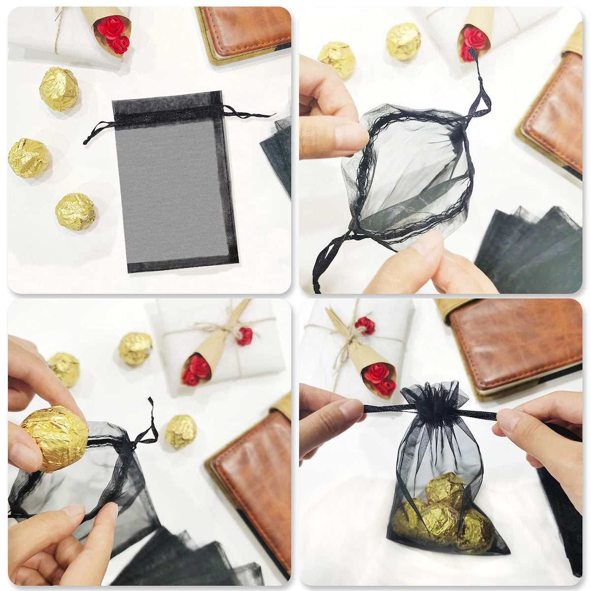 KASTWAVE 50Pcs Organza Gift Bags Jewellery Pouches, 10x15cm Black Mesh Candy Favour Bag for Wedding Party Favors Festival Game Drawstring Pouch