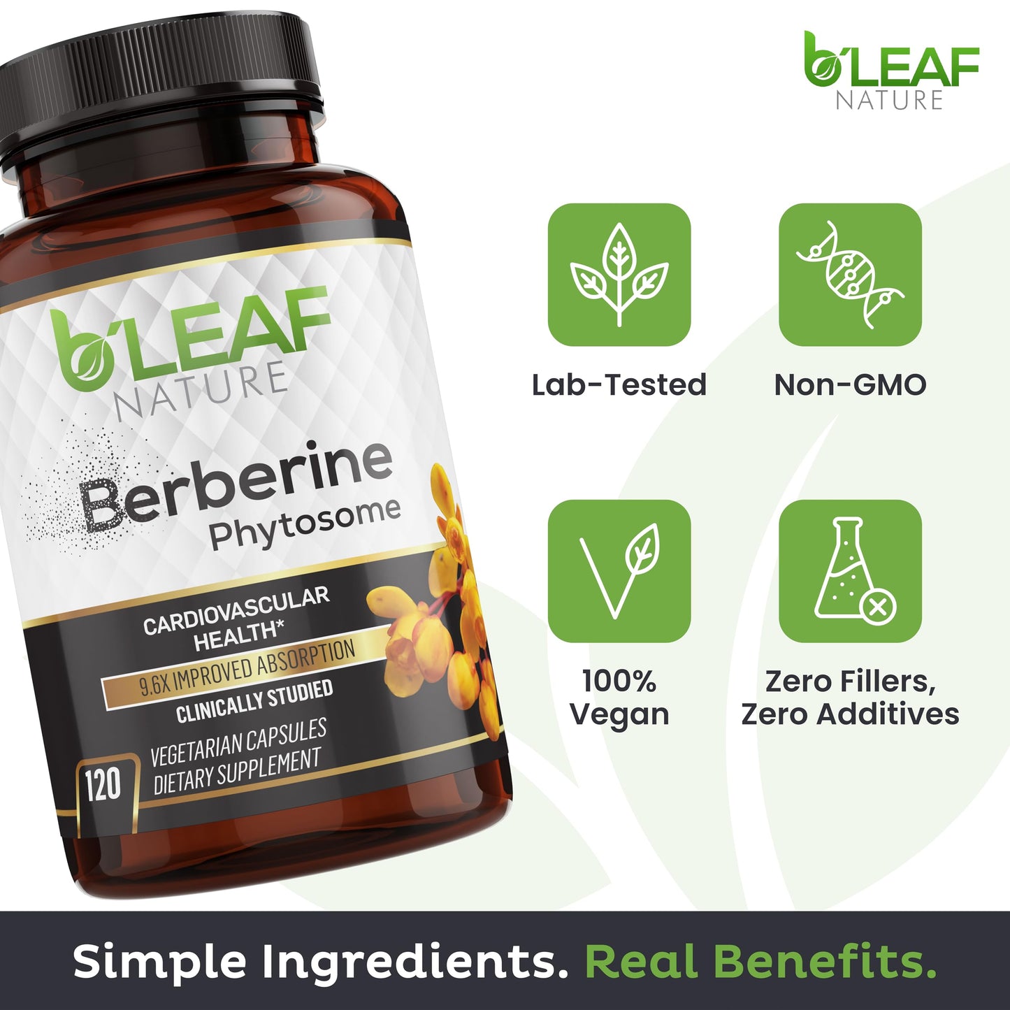 B’Leaf Nature Berberine Phytosome, 120 Capsules – 1100mg Berberine Supplement for Metabolic and Cardiovascular Support – Vegan, Gluten-Free, Non-GMO Berberine Phytosome Capsules for Immune Wellness - Medaid International