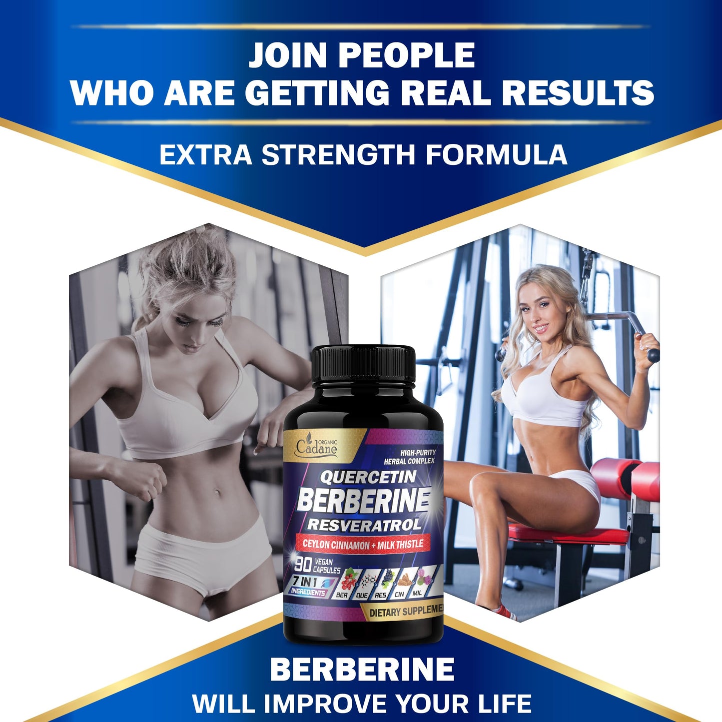 Organic Cadane 7in1 Pure Berberine Supplement with Quercetin, Ceylon Cinnamon, Resveratrol, Milk Thistle, Grape Seed, and Black Pepper - 90 Capsules for 3-Month Supply - Immunity Health Support - Medaid International