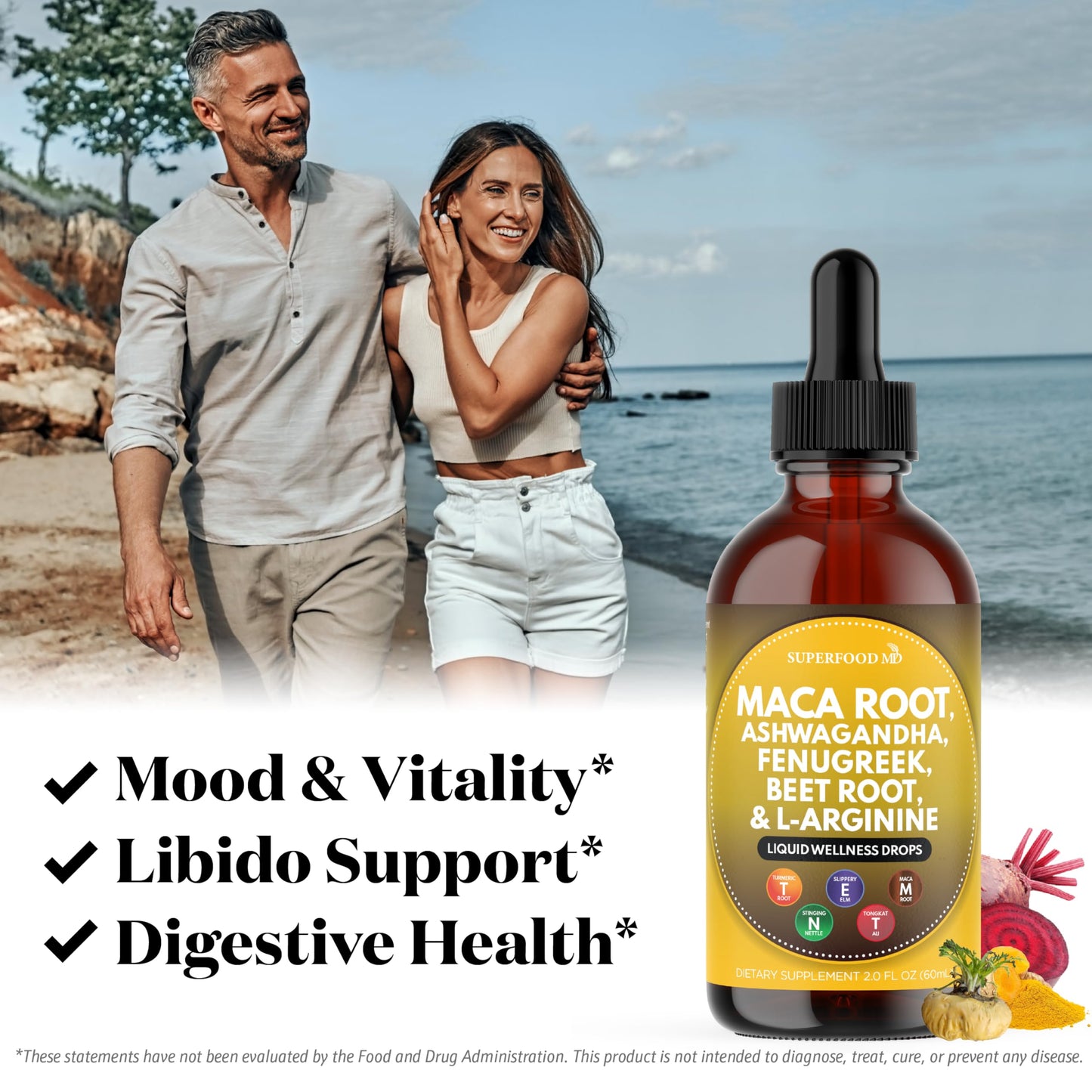 Superfood MD Maca Root Liquid Drops with Ashwagandha, Nettle, Fenugreek, Beet Root and L-Arginine Liquid Multivitamin for Women and Men - 4 Oz - Medaid International