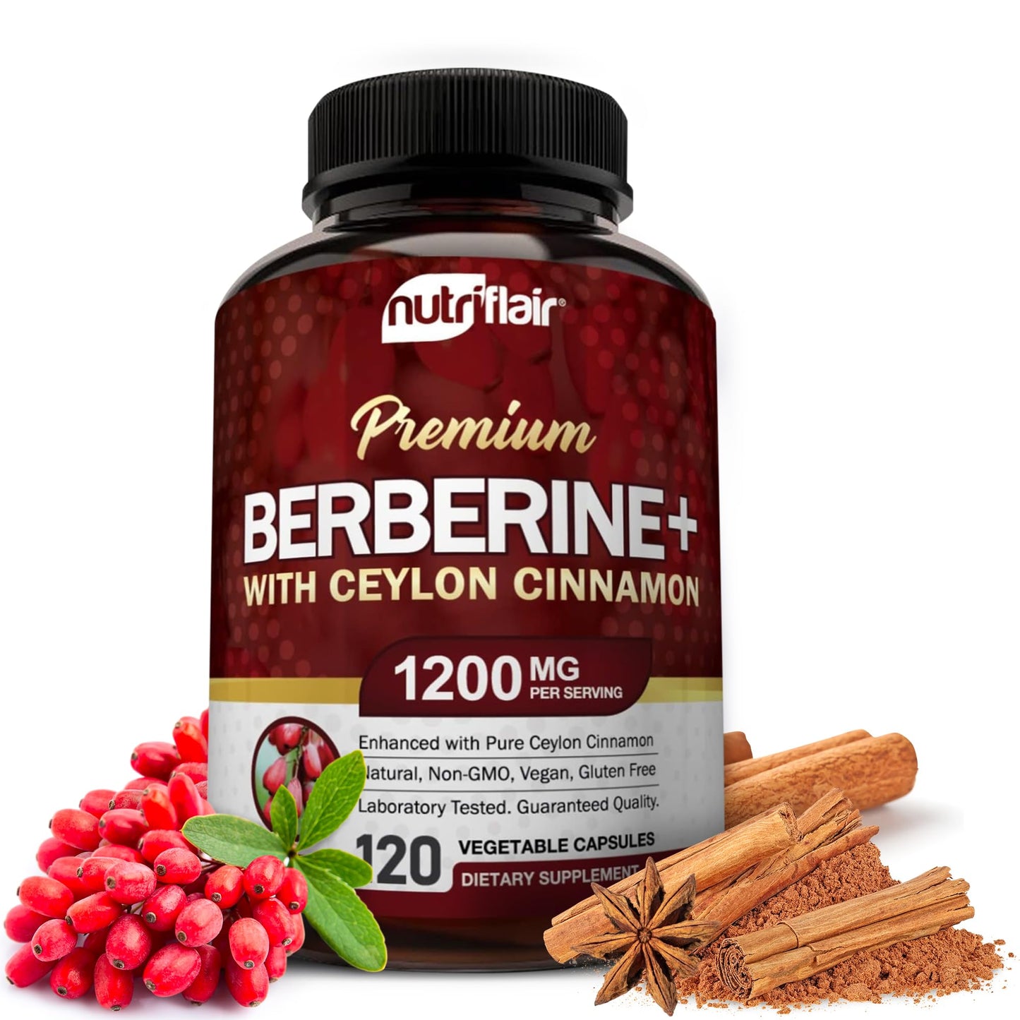 NutriFlair Premium Berberine HCL 1200mg, 120 Capsules - Plus Pure True Ceylon Cinnamon, Berberine HCI Root Supplements Pills - Immune System - yields an Optimal 8% HCl - Medaid International