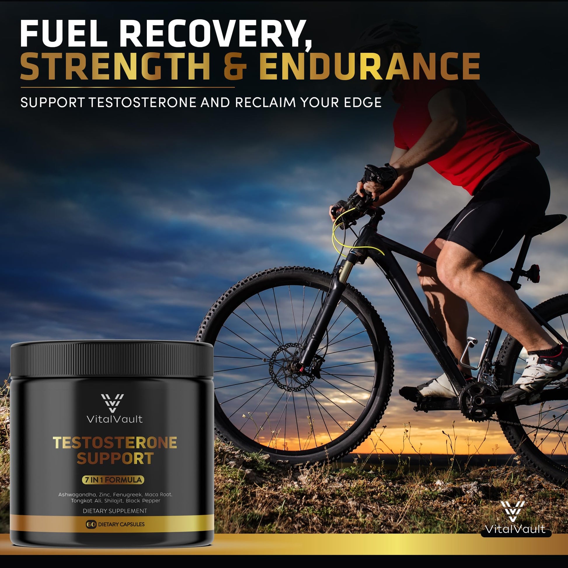 VitalVault 7-in-1 Testosterone & Strength Support - Natural Supplement for Men with Ashwaganda, Shilajit, Fenugreek, Maca Root, Tongkat Ali, Black Pepper & Zinc - 1 Month Supply (60 caps) - Medaid International