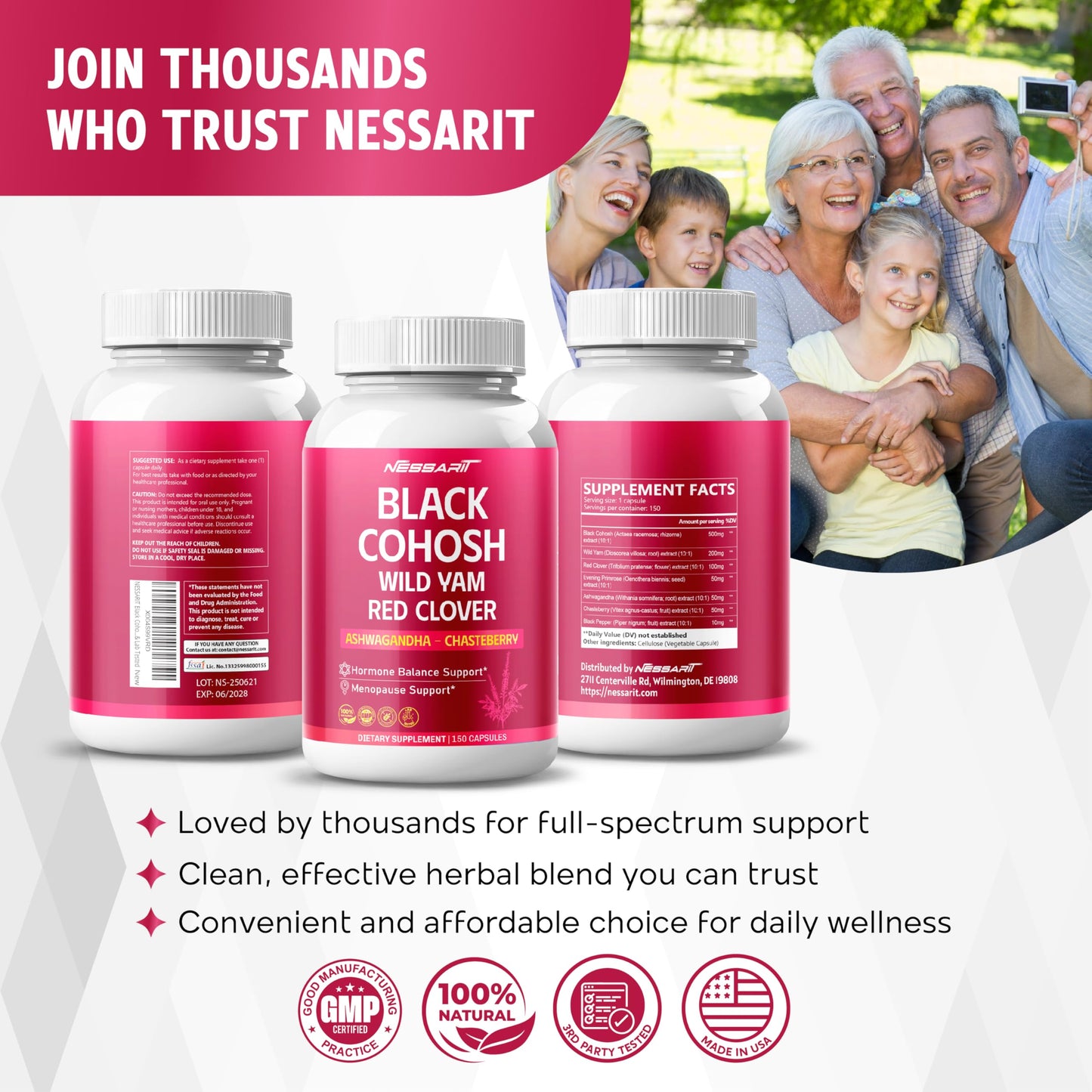 NESSARIT Black Cohosh 9,600mg* – Hormonal Balance Support with Wild Yam, Red Clover, Ashwagandha, Chasteberry & More – 150 Capsules – Made & Lab Tested in USA - Medaid International