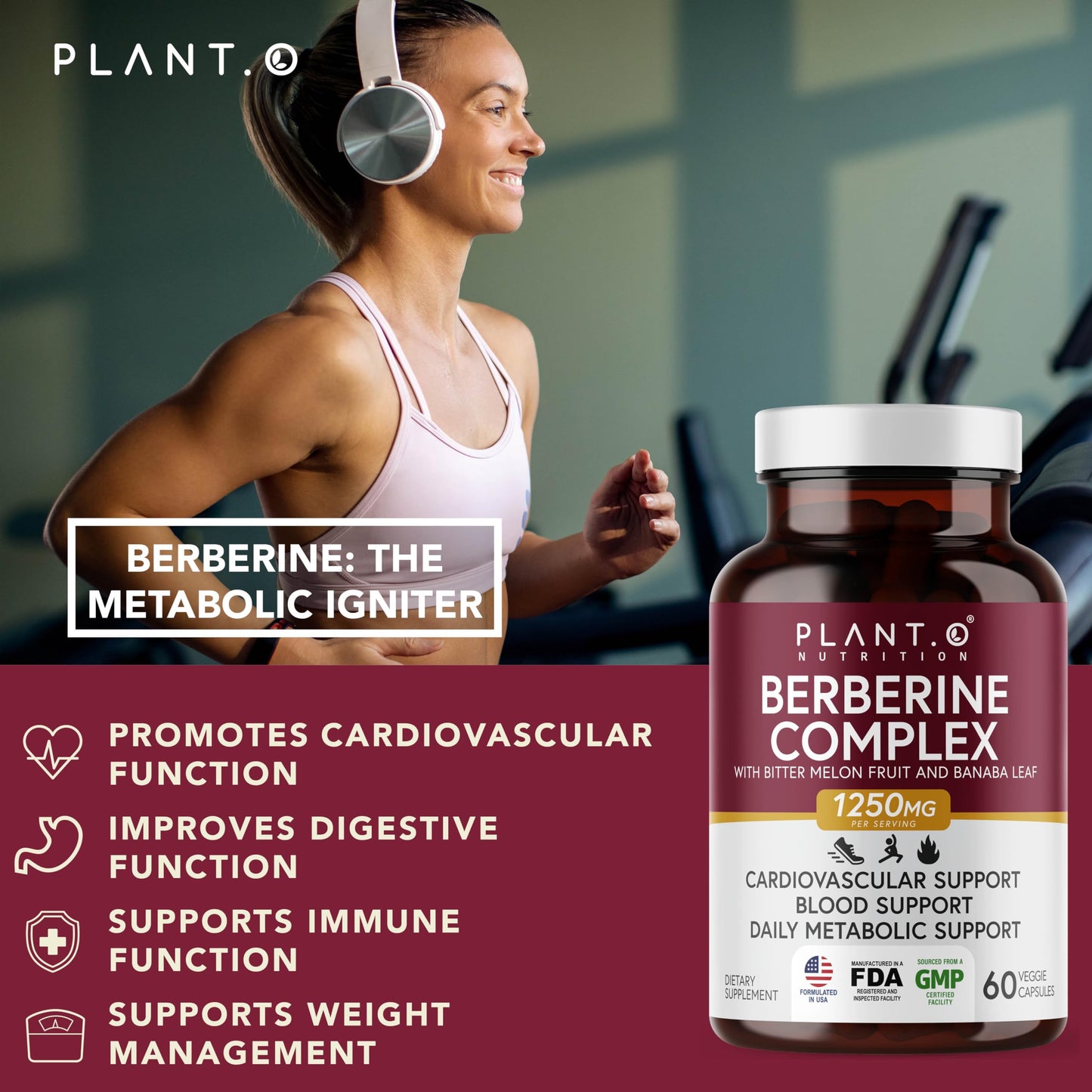 PLANT.O NUTRITION Berberine Supplement - 10xHigher Absorption Berberine HCI Complex with Bitter Lemon & Banaba Leaf - Cholesterol & Metabolic Clinically Researched Support - 60 Capsules Non-GMO - Medaid International