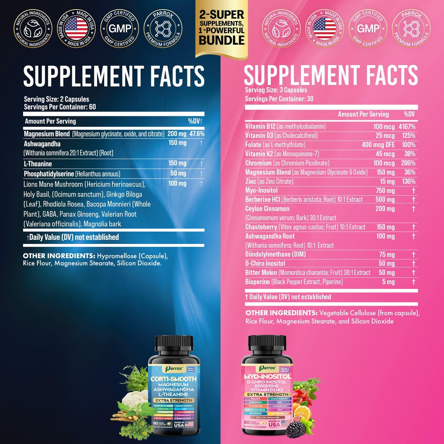 Parrox Cortisol & Myo-Inositol Supplement Bundle, Soothe & Smooth Bundle, 13-in-1 Cortisol Balance, Magnesium, Ashwagandha, L-Theanine, D-Chiro Inositol, Folate, Berberine, Chasteberry (150 Capsules) - Medaid International