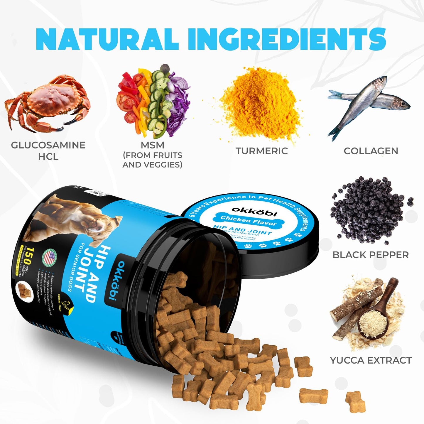 OKKÖBI Glucosamine HCL & Hip and Joint Chews for Dogs - 150 pcs - Advanced Hip and Joint Support for Senior Dogs - with MSM & Green Lipped Mussel - Chicken